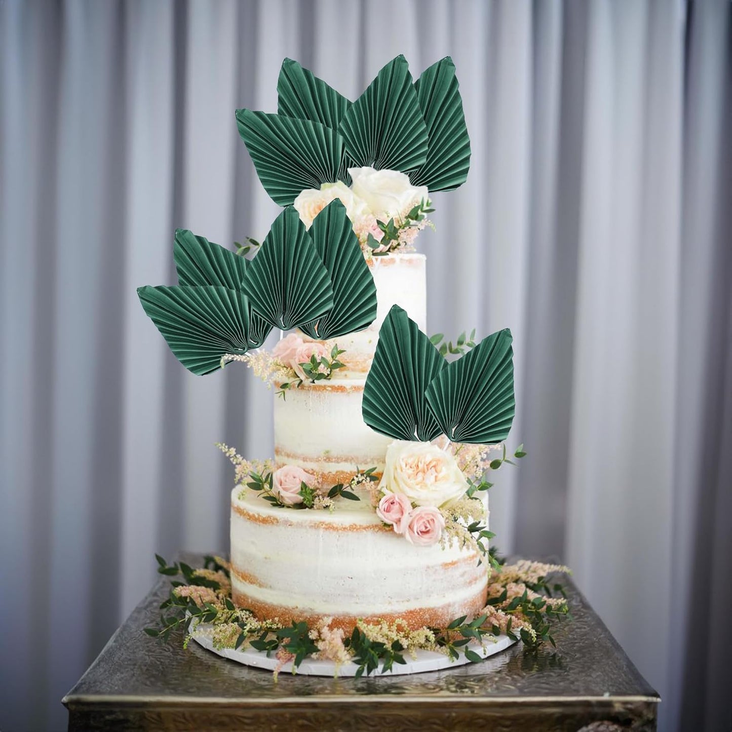 Ephlyn 6Pcs Paper Palm Fan Cake Topper Palm Leaf Fan Cake Pick Decoration for DIY Cake Bakeware Baby Shower Wedding Bridal Shower Birthday Anniversary Party Cake Decorations Green