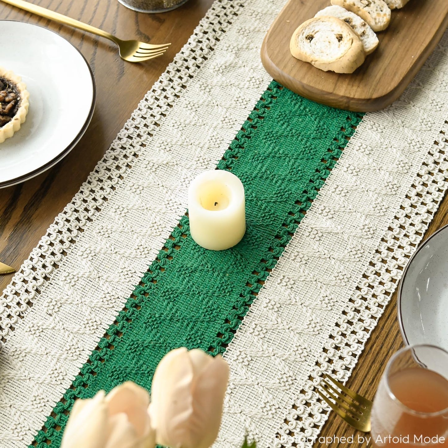 Artoid Mode Dark Green Farmhouse Rustic Table Runner, Seasonal Holiday Hollow Kitchen Dining Table Decoration for Home Party Decor 12x48 Inch