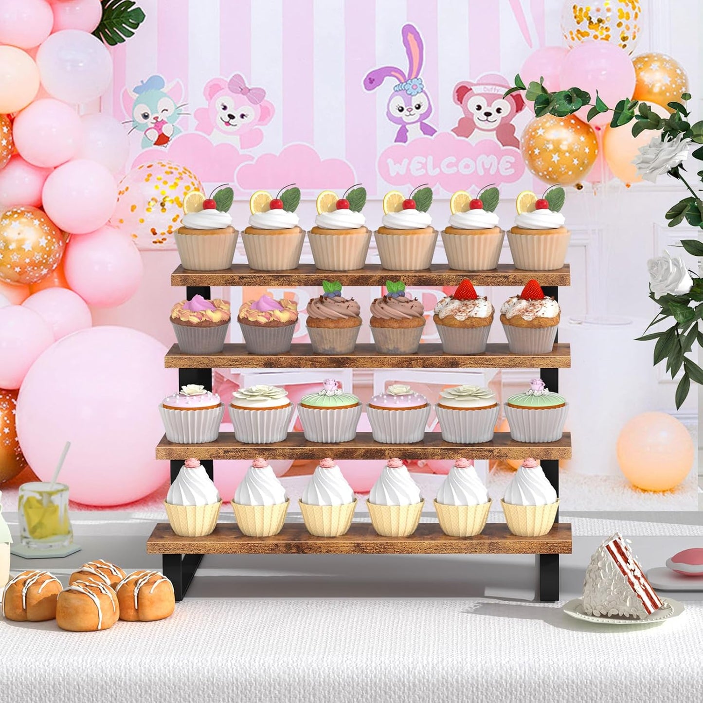 ELITEROO Cupcake Display Stand, 4 Tier Wooden Dessert Stand, Cookie Treat Stands for Dessert Table Set, Food Display Risers for Party Wedding Decor Birthday Graduation, Rustic Brown Straight