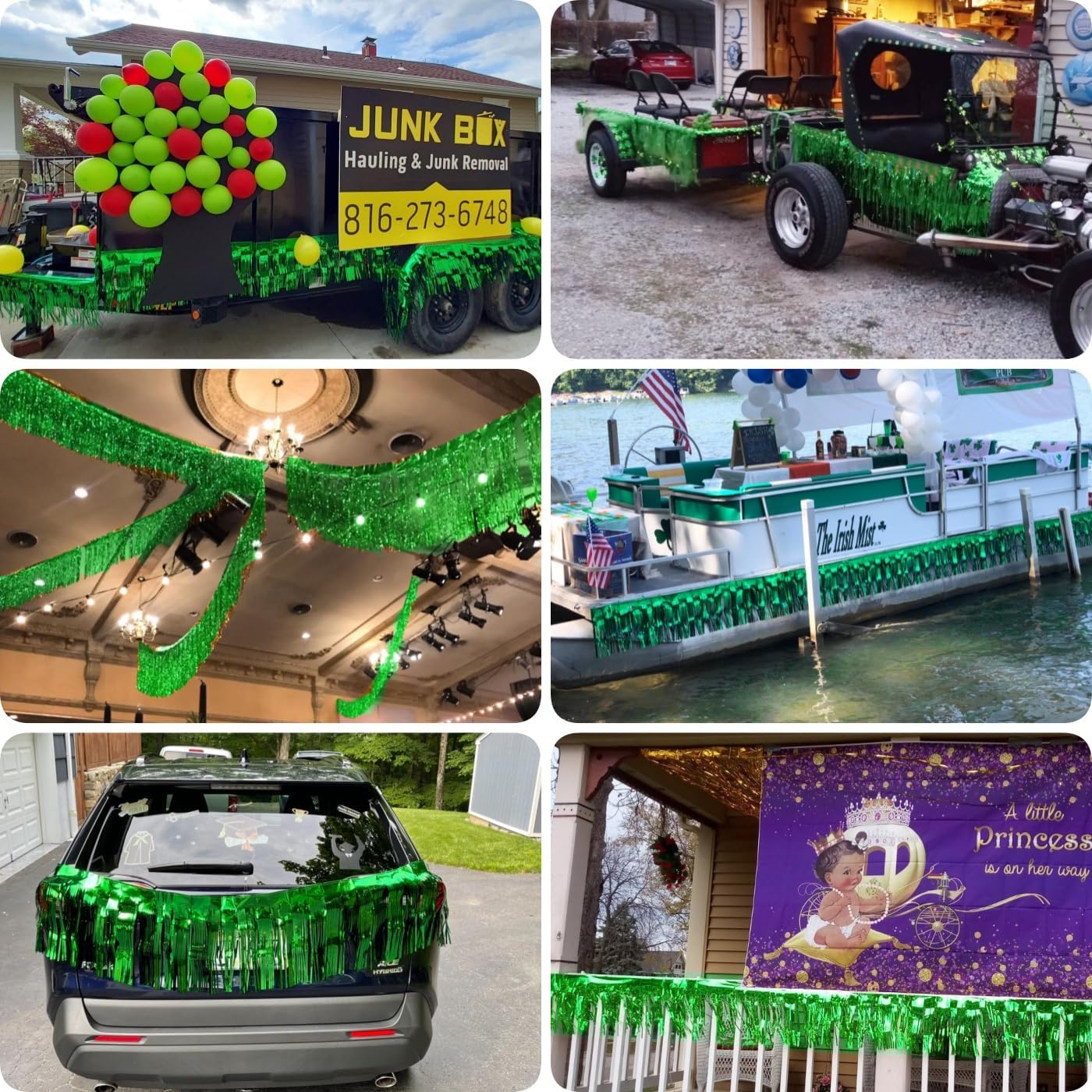 4 Pack Total 40 Feet Green Foil Fringe Garland Metallic Wall Hanging Drapes Tassel Skirting Tinsel Streamers Decorations for Parade Float Trailer Mardi Gras Party Birthday St. Patrick's Day