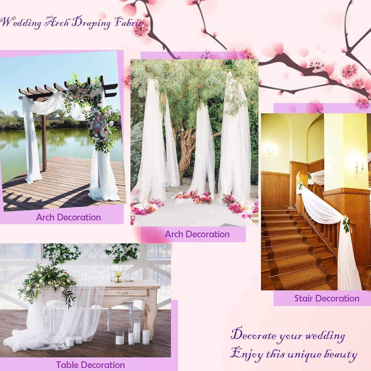 Wedding Arch Draping Fabric, 63" x 26Ft White Drapes for Wedding Tulle Fabric Drapery Sheer Backdrop for Ceremony Arch Stage Party Ceiling Décor