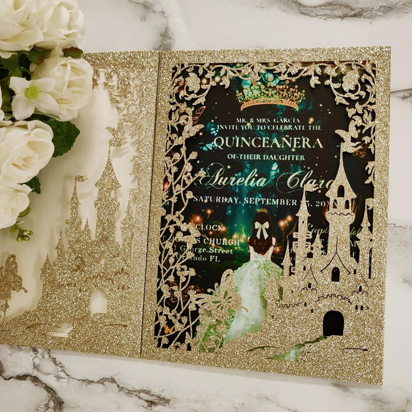 20PCS Castle Pocket Invitations, Quinceanera Invitations with Envelopes, Princess Invitation, Laser Cut quince invites (glitter light gold)