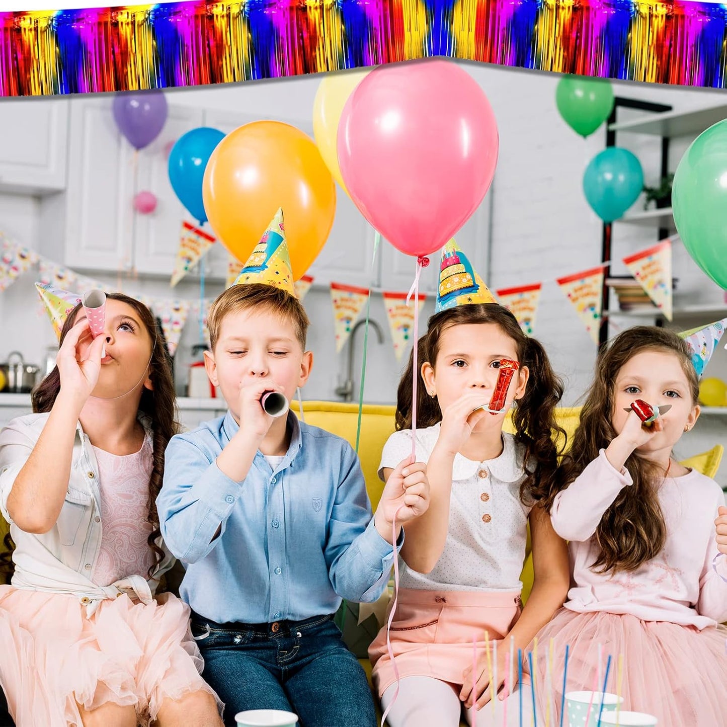 10 Pack 10 Feet Foil Fringe Garland Metallic Tinsel Streamers Banner Wall Hanging Curtain Backdrop for Parade Floats, Bachelorette, Wedding, Birthday, Halloween, Christmas Party Decorations(Rainbow)