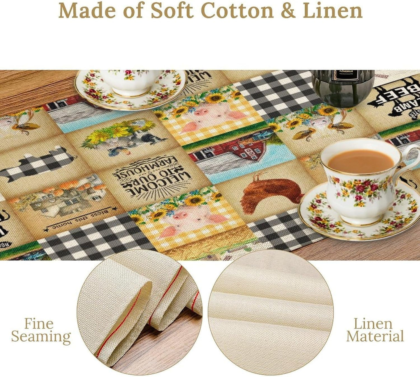 Farmhouse Animals Table Runner,Rustic Cabin Pig Chicken Cow Sunflowers Geometric Grids Burlap for Hotel Indoors Outdoor Dining Room Kitchen Holiday Party, 13x80in