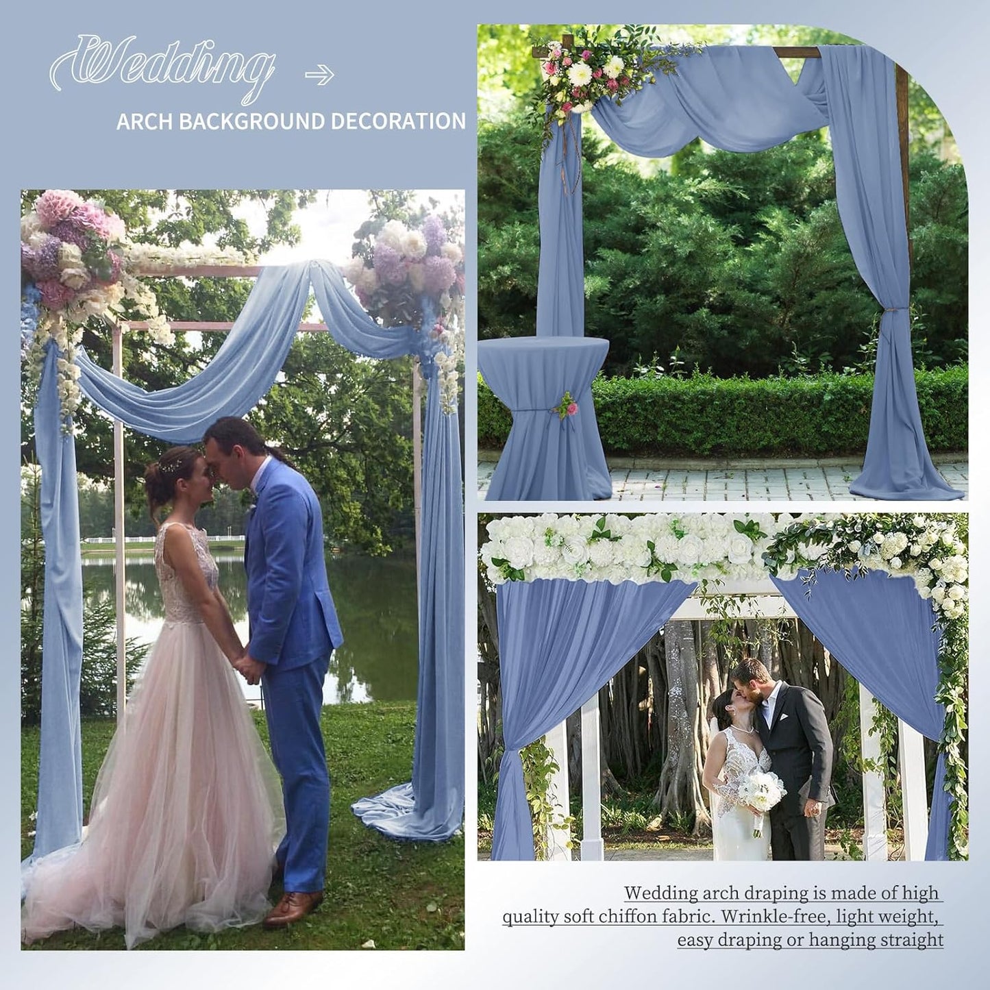Dusty Blue Sheer Chiffon Wedding Arch Draping Fabric, 28" x 20ft Panels (Pack of 1), Polyester Chiffon, Solid Pattern, Perfect for Wedding Ceremony & Reception Party Decoration
