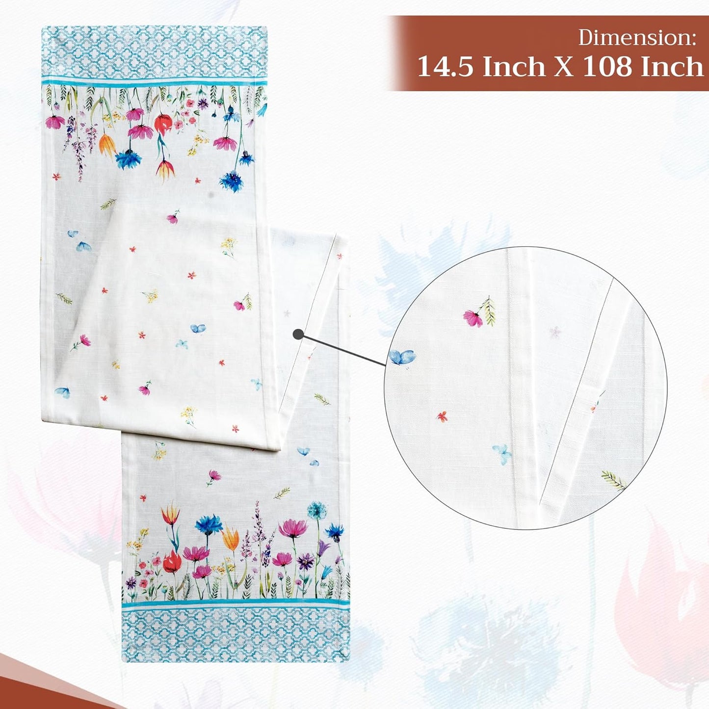 Maison d' Hermine Table Runner 100% Cotton Single Layer Table Runners 108 inches Long Decorative for Home Kitchen Dining Party Wedding Bridal Shower Spring Summer (Flower in The Field, 14.50" x 108")