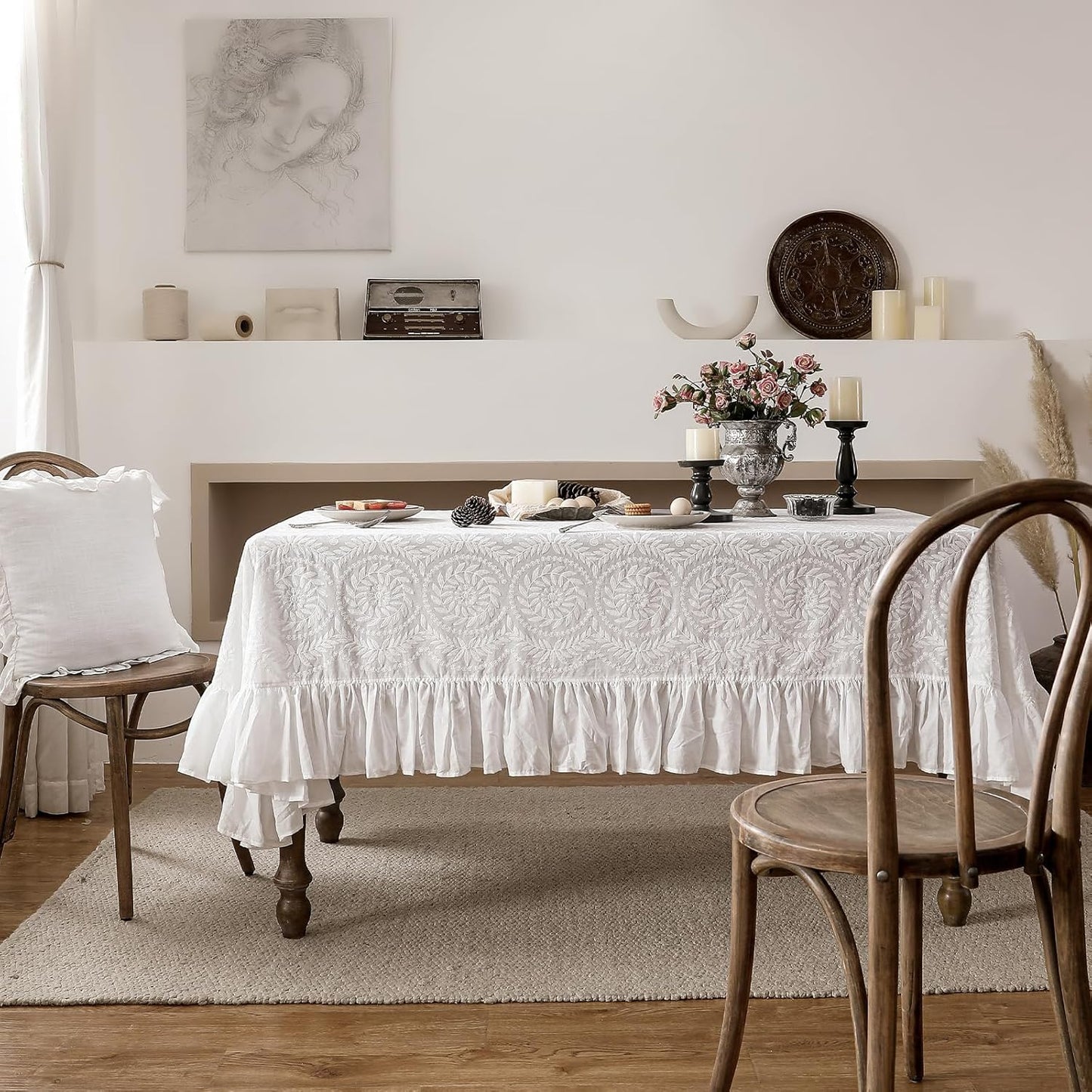 patdrea Vintage Ruffle Tablecloth for Square Tables,Farmhouse Embroidered Cotton White Lace Table Cloth Cover Decor for Dining Room Wedding Banquet Thanksgiving Christmas,67"*67"