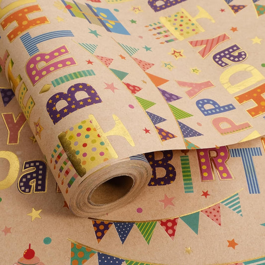 Aimyoo Colorful Birthday Wrapping Paper Roll - 17 Inch X 32.8 Feet - Gold Foil Happy Birthday Lettering, Cupcake & Flags Design Gift Wrap for Kids, Baby Showers