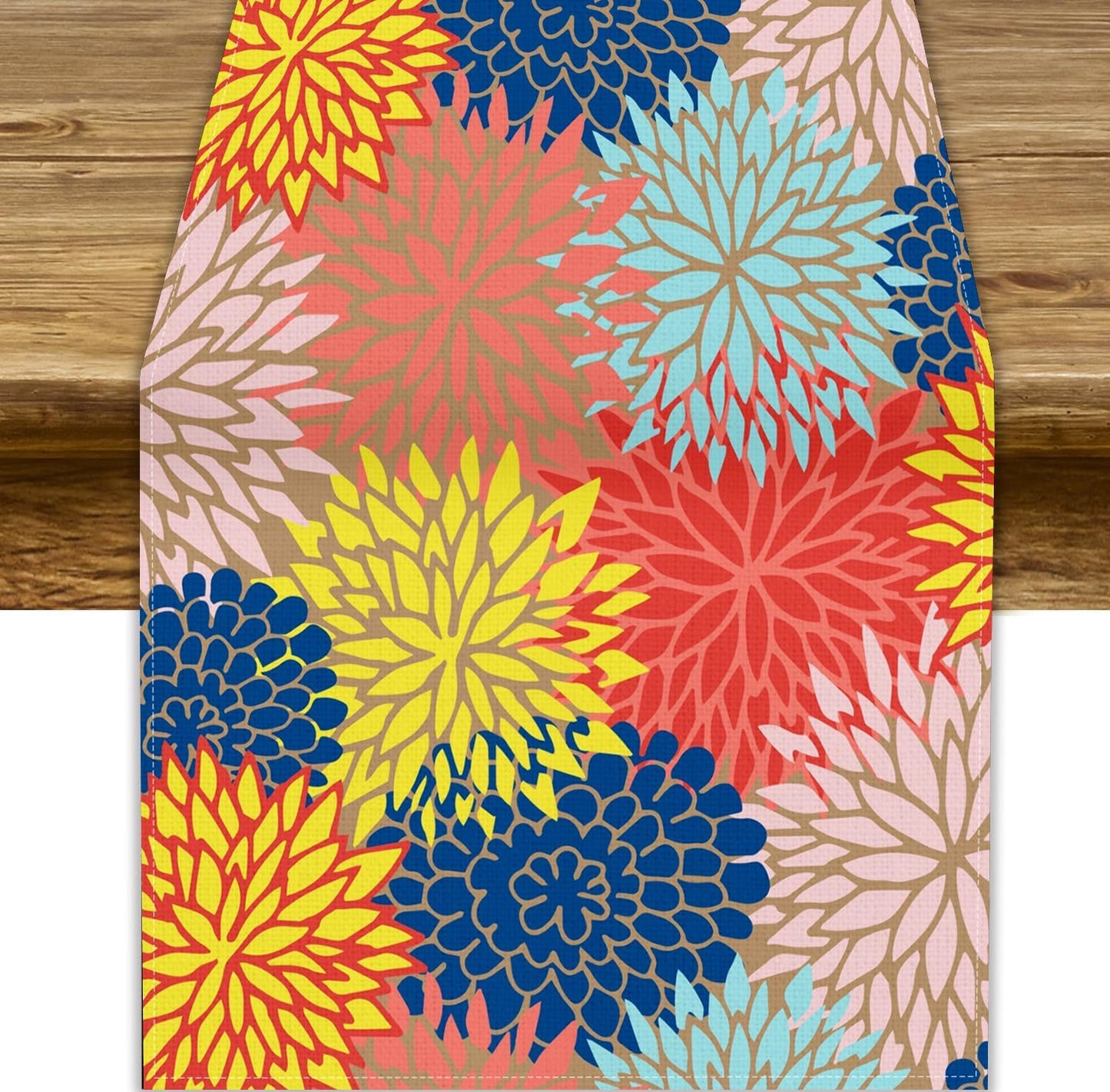 Dahlia Flowers Table Runner Colorful Floral Teal Grey Pink Yellow Blue Abstract Table Runner Kitchen Dining Party Decor Living Room, 13x36 Inch