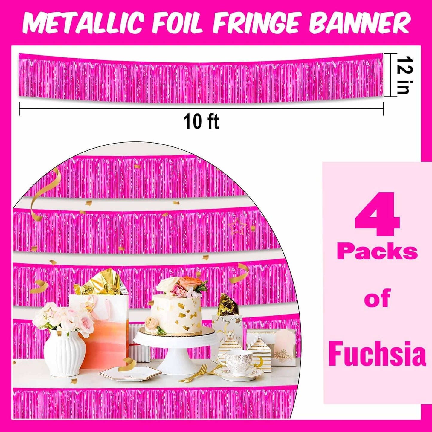 4 Pack 10 Ft Fuchsia Foil Fringe Garland Metallic Streamers Tinsel Banner Wall Hanging Garland Backdrop for Parade Floats, Halloween, Christmas, Thanksgiving, New Year Party Decorations