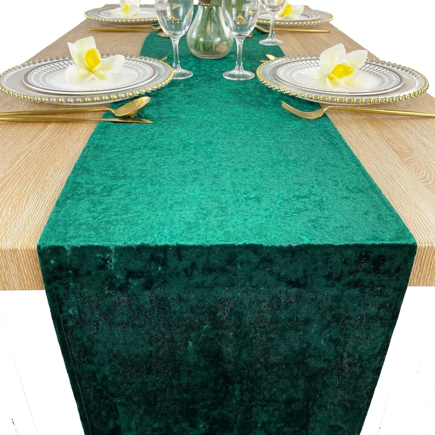 Luxurious Crushed Velvet Table Runner, Wedding Reception Decorations, Soft Velvet Fabric, Table Linen Overlay, Wedding Table Runners (Emerald Green, 12X108 inch)