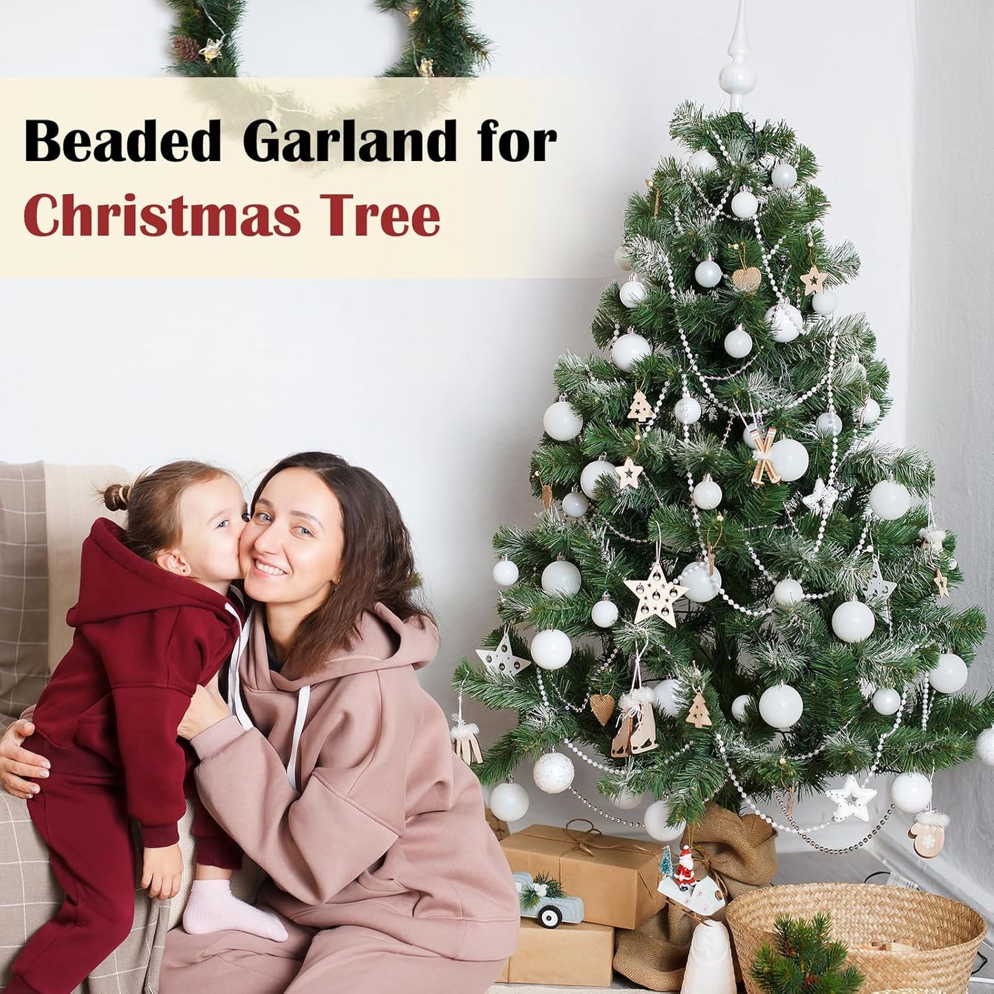 Craft String Pearls 6MM Pearl Bead, 66 Feet Ivory Faux Pearl Garland Spool Roll Strand Wedding Party Decoration, Christmas Tree Decorations