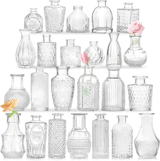 Bud Vases - in Bulk 24,Vintage Small Glass Bud Vases for Flowers, Clear Crystal Mini Glasses in Bulk, Small Flower Design for Centerpieces Wedding Decorations Home Flower Party Decor