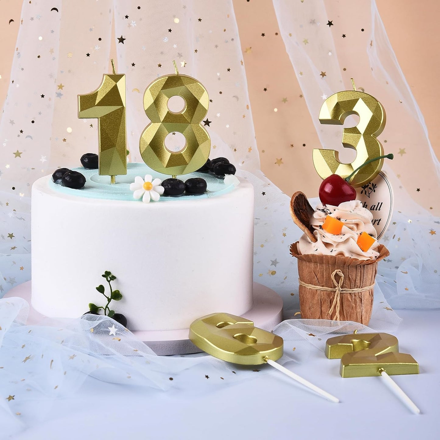 PHD CAKE 2.76 Inch Crystal Gold 3 Number Birthday Candles, Gold Number Candles, Cake Number Candles, Party Celebration