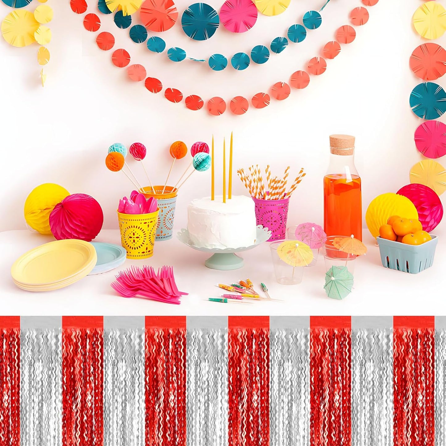 6 Pack 29 x108 Inch Red Silver Wave Foil Fringe Table Skirts Metallic Banner for Tinsel Streamer Garland Backdrop for Parade Floats, Mother's Day, Easter, Wedding, Birthday Party Decoration