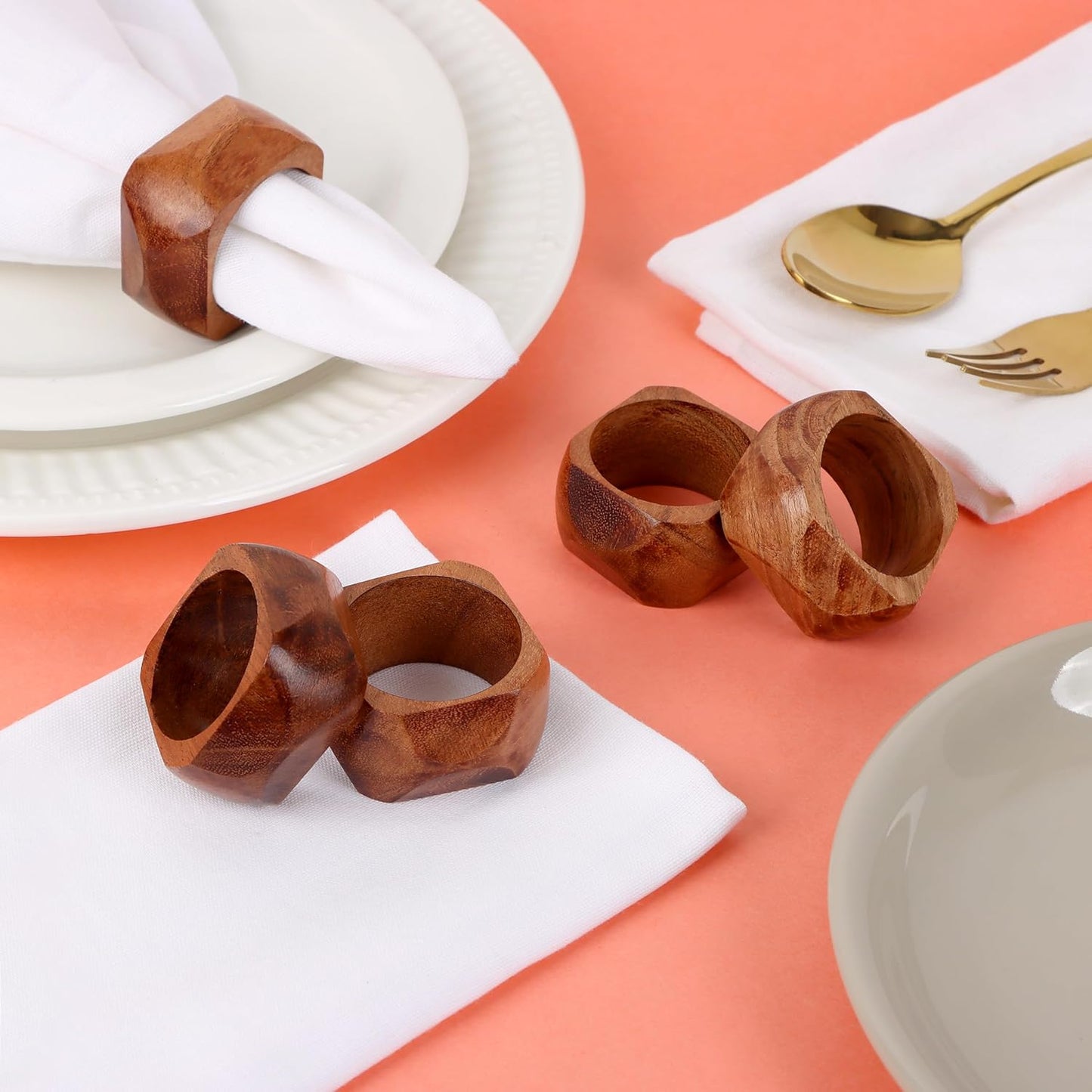 Wooden Napkin Rings Set of 12 Fall Decor for Home Square Acacia Wood Napkin Holders for Dining Table Wood Napkin Ring Rustic Table Décor for Weddings, Parties, Everyday Use (Brown) - CLEENTABLE