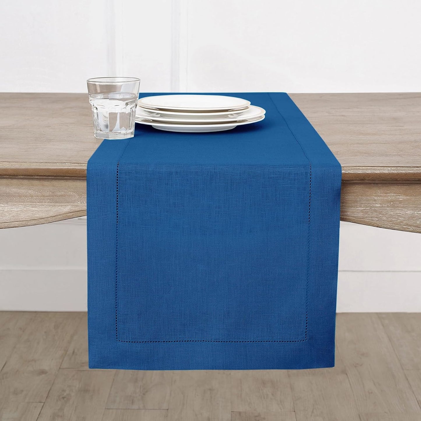 Solino Home Linen Indigo Blue Table Runner 156 Inches Long - 100% Pure Linen Extra Long Table Runner 14 x 156 Inch for Fall, Autumn - Classic Hemstitch