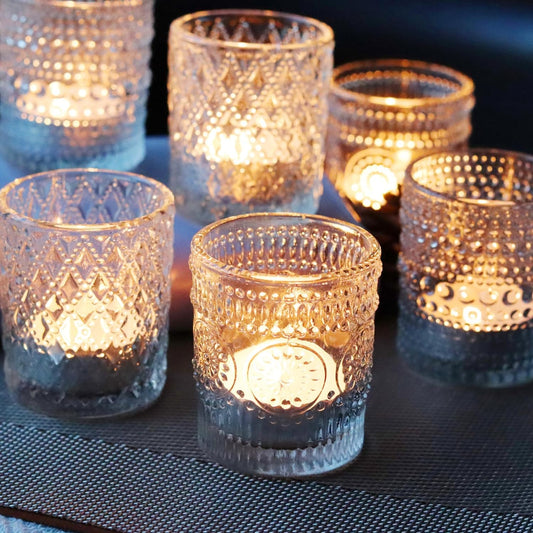 Clear Glass Votive Candle Holders, 12 pcs 3 Patterns Tealight Candle Holders for Wedding Table Centerpiece Birthday Party Thanksgiving Christmas Decoration
