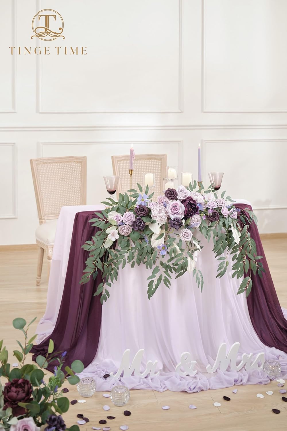 TINGE TIME Artificial Sweetheart Flower Swag with Tablecloth and Table Runner, Pack of 3 Floral Arrangement for Wedding Sweetheart Table Centerpiece Decoration (Lavender & Plum)