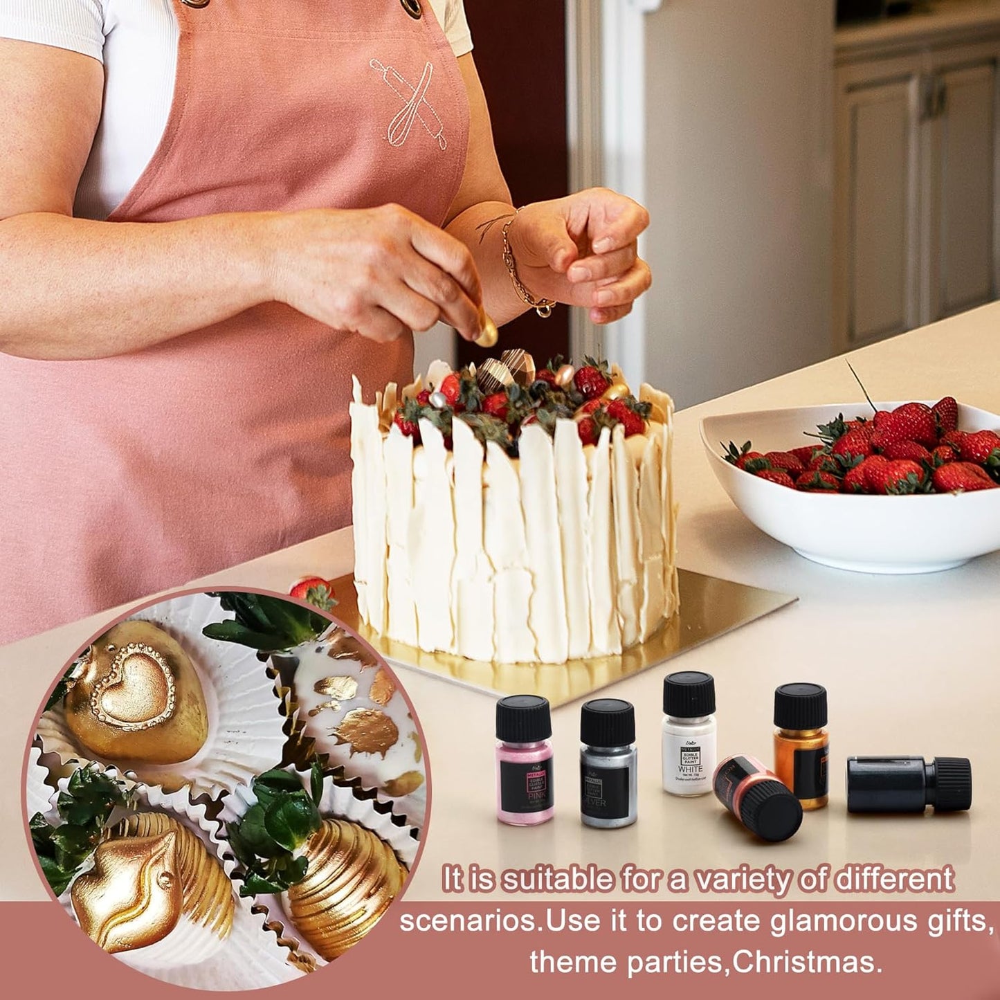 Edible Glitter Paint - 2 fl.oz Food Grade Metallic Glitter Cake Paint for Cake Decorating, Baking, Cupcakes - Shimmer Art Decorative Liquid Edible Paint Food Coloring for Fondant, Donuts (Rose Gold)