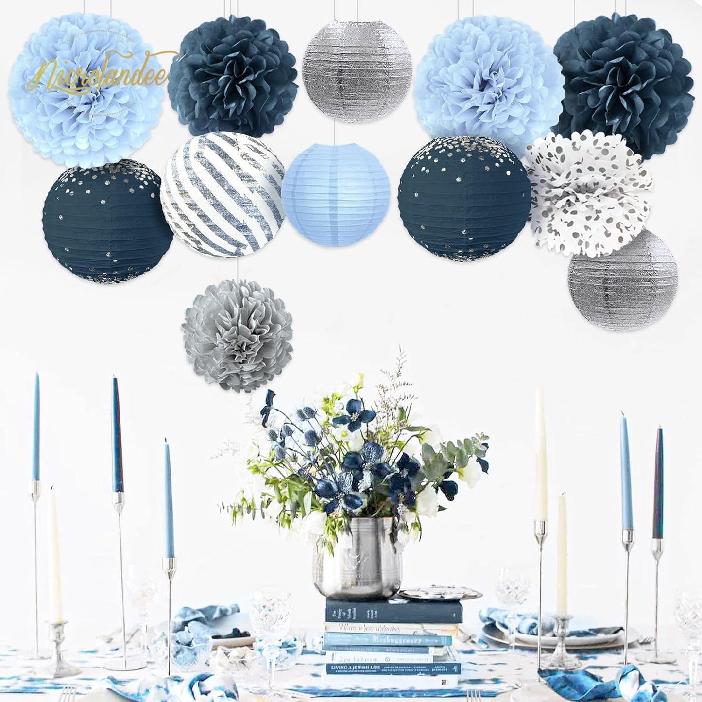 NICROLANDEE Dusty Blue Wedding Decorations, 12 PCS Blue Grey Tissue Pom Poms Paper Lanterns Decor for Birthday, Bridal Shower, Baby Shower, Bachelorette Party Hanging Decoration Supplies