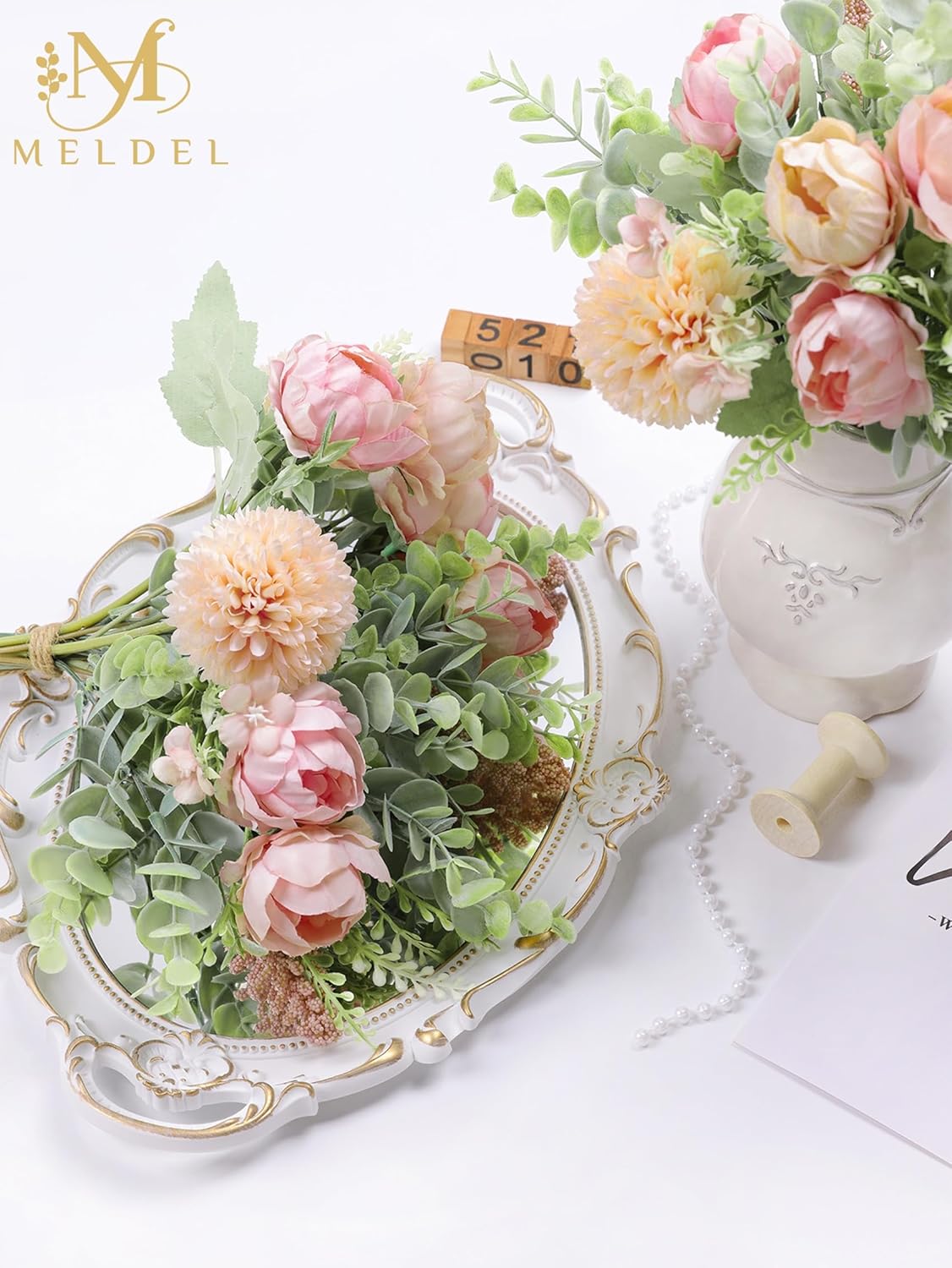 Meldel 3Pcs Peony Bouquet Light Pink Champagne Rose Artificial Flowers Eucalyptus Plants Silk Flower Arrangements Wedding Bouquets Decorations Plastic Floral Centerpieces for Home Kitchen Party Decor