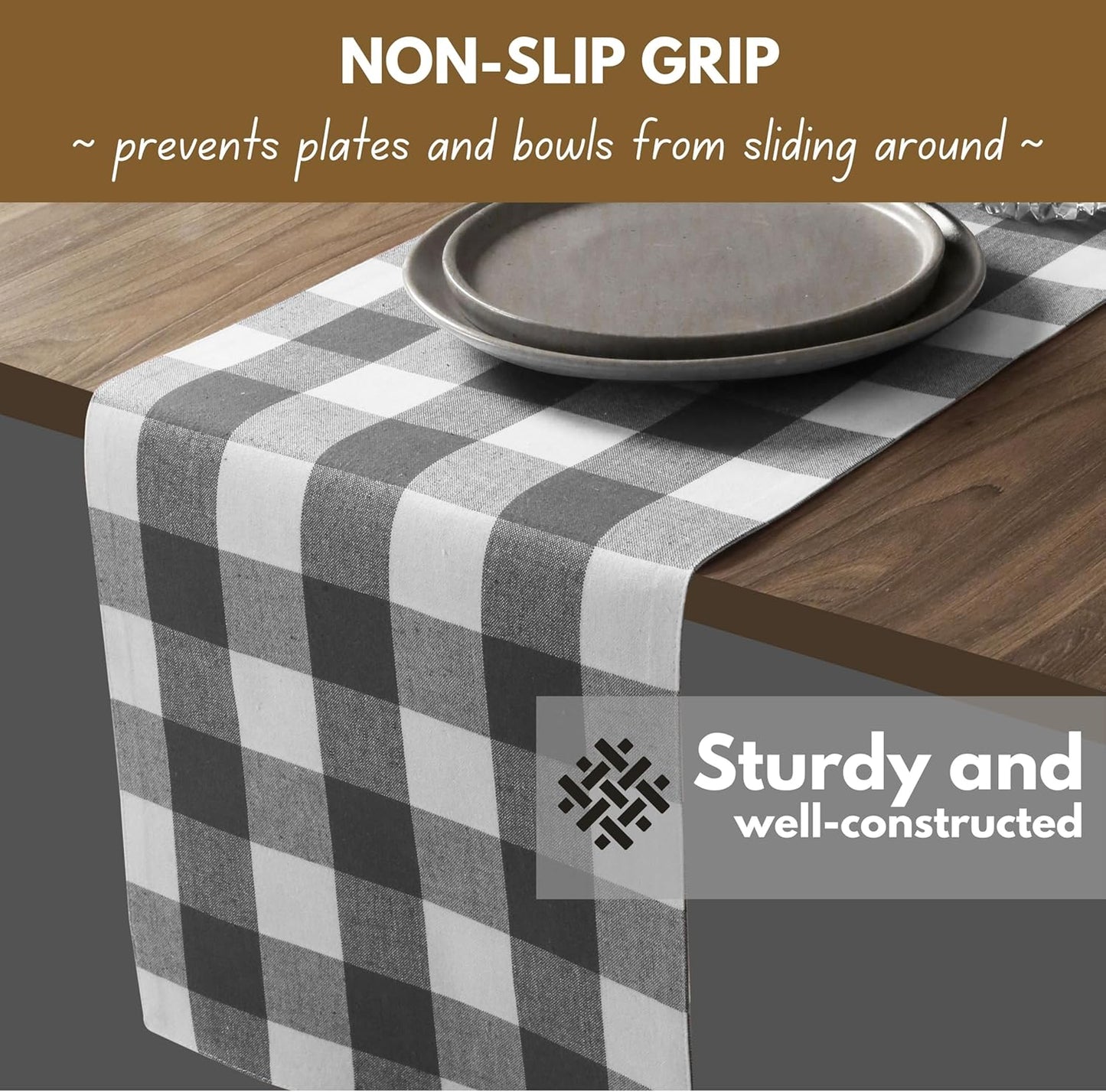 Native Fab Buffalo Checked Plaid Table Runner, 100% Cotton, 13x108 Inches, Rustic Farmhouse Kitchen and Dining Décor, Perfect for Fall, Winter, Weddings, Holiday Gatherings, Grey and White