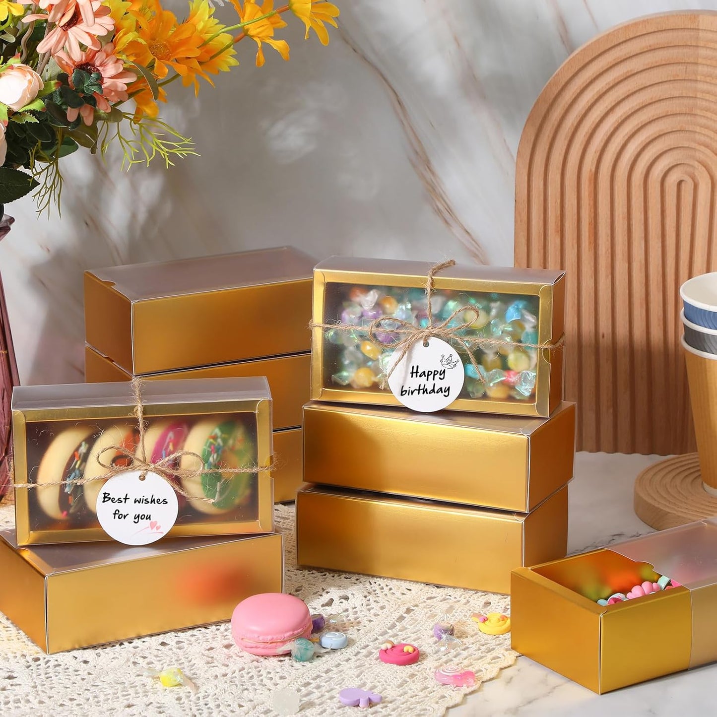 Roowest 50 Sets Kraft Soap Boxes Rectangle Packaging Box with Window Homemade Gift Box with Blank Tags and Jute String for Jewelry Candy Wrapping Party Favor(6.3 x 3.5 x 2 Inch,Gold)