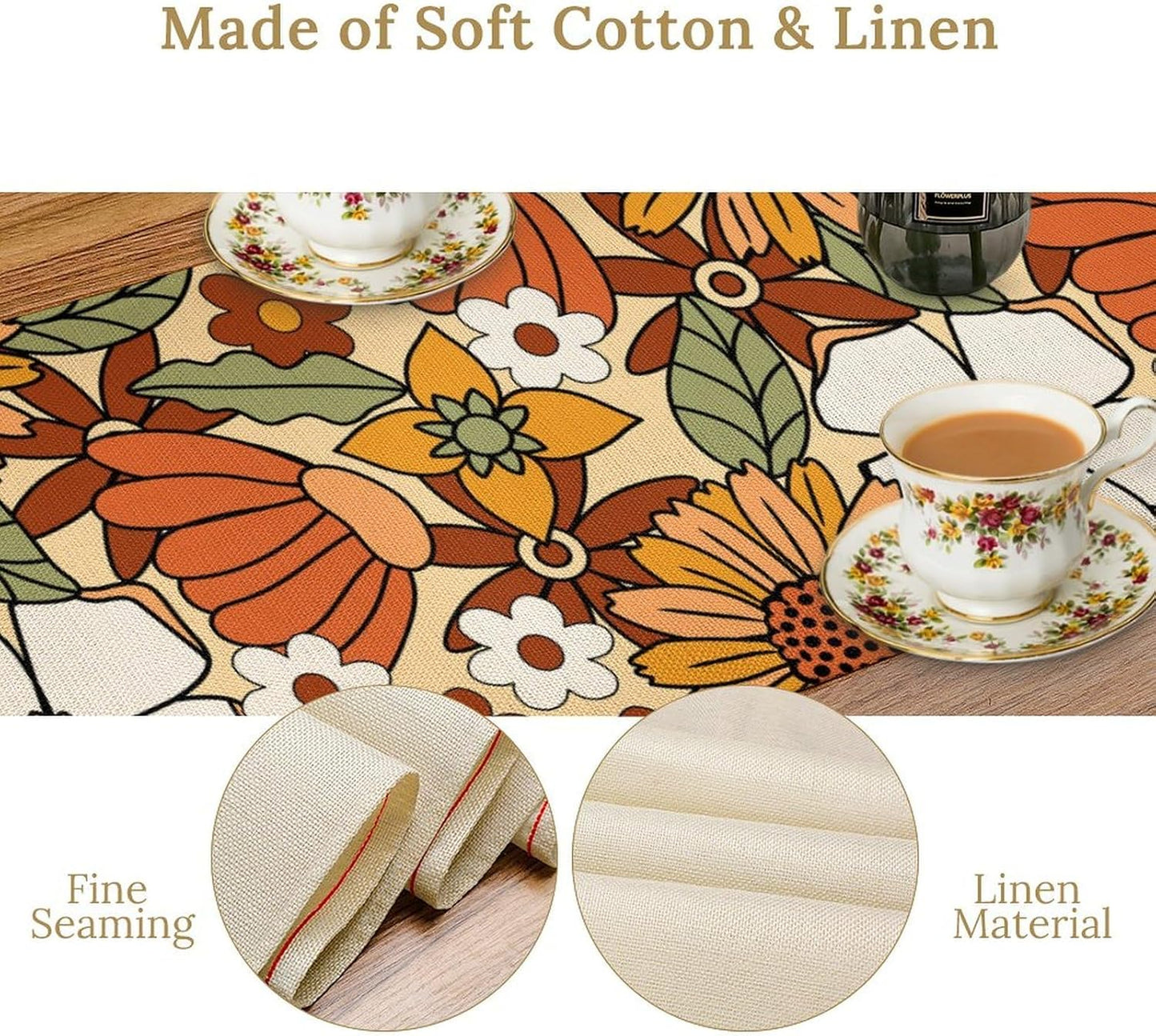 Vintage Floral Table Runner,Boho 70s Style Retro Flower Table Cloth Kitchen Dining Table Home Party Decoration 13x90 Inch