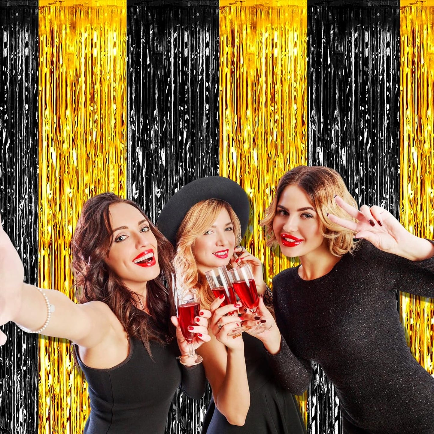 4 Pack Black Gold Foil Fringe Curtain Backdrop, 3.28Ft x 8.2Ft Metallic Tinsel Foil Fringe Streamers Curtains for Photo Booth, Wedding, Graduation, Birthday, Carnival Party Decoration