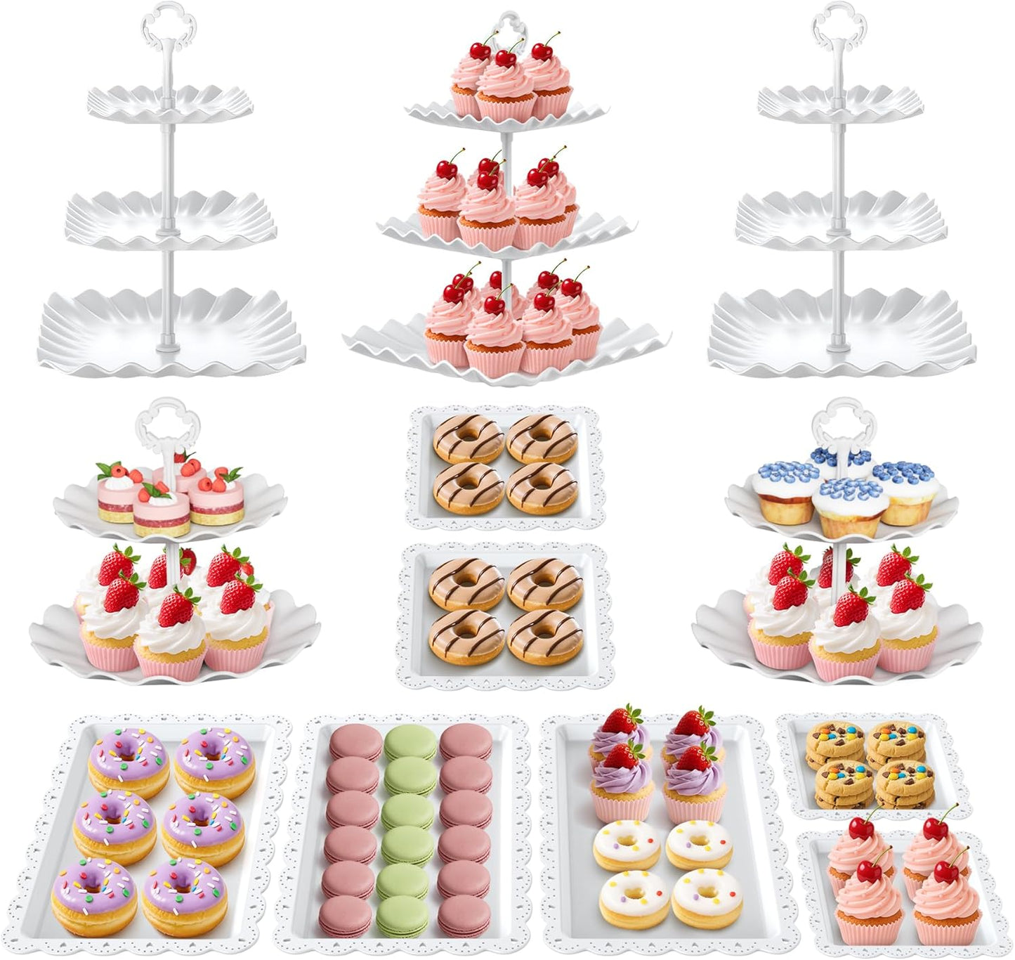Cupcake Stand, 12Pcs Dessert Table Display Set, 3-Tier Cup Cake Tower Stands & 2-Tiered Cake Holder, Treat Food Platters Serving Trays for Cookie, Candy, Tea Party, Baby Shower, Birthday, Plastic