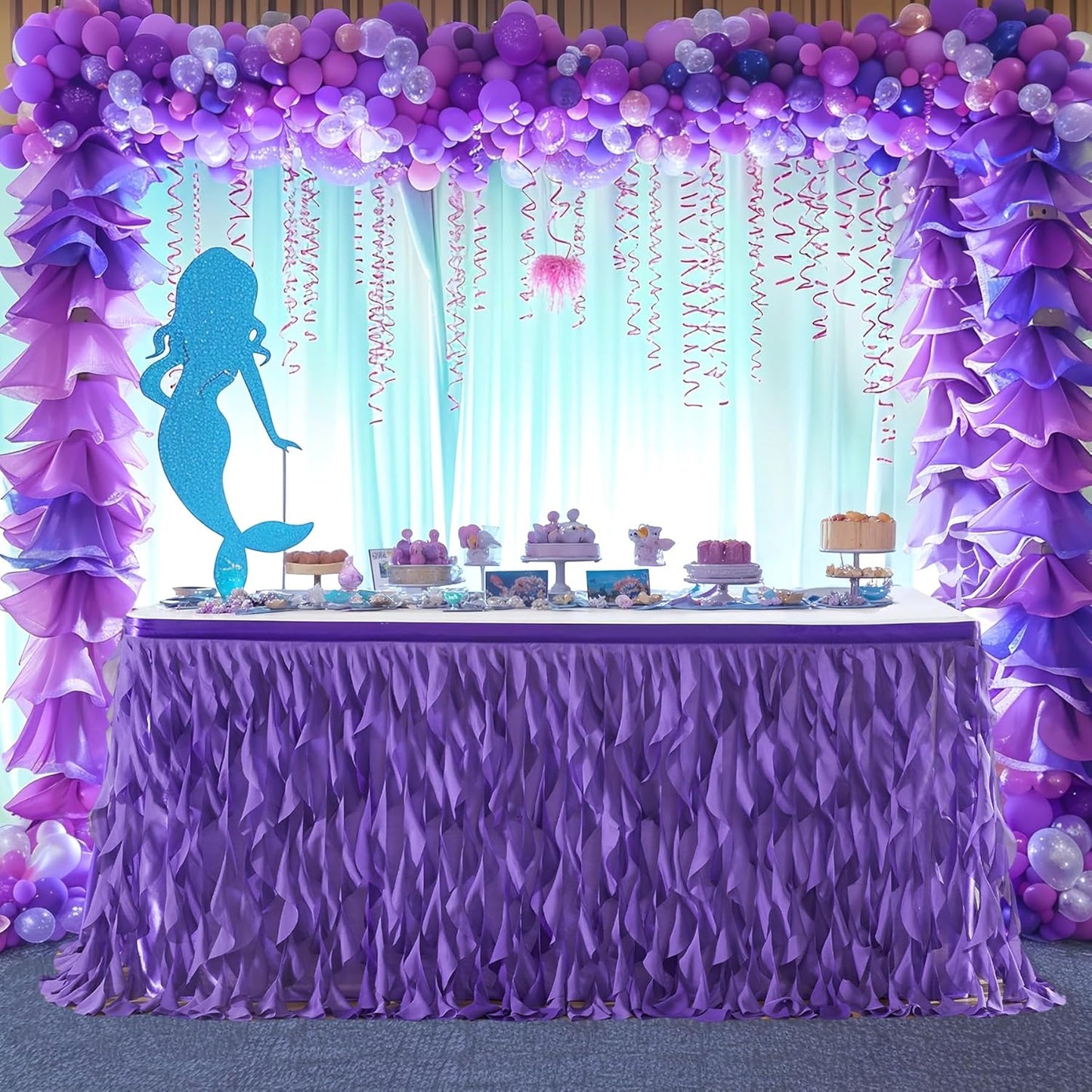 PARTISKY Mermaid Purple Tulle Curly Willow Table Skirt for Rectangle Table 9ft, Ruffle Tutu Table Cloth for Girls Boys Baby Shower,Mermaid Birthday Party