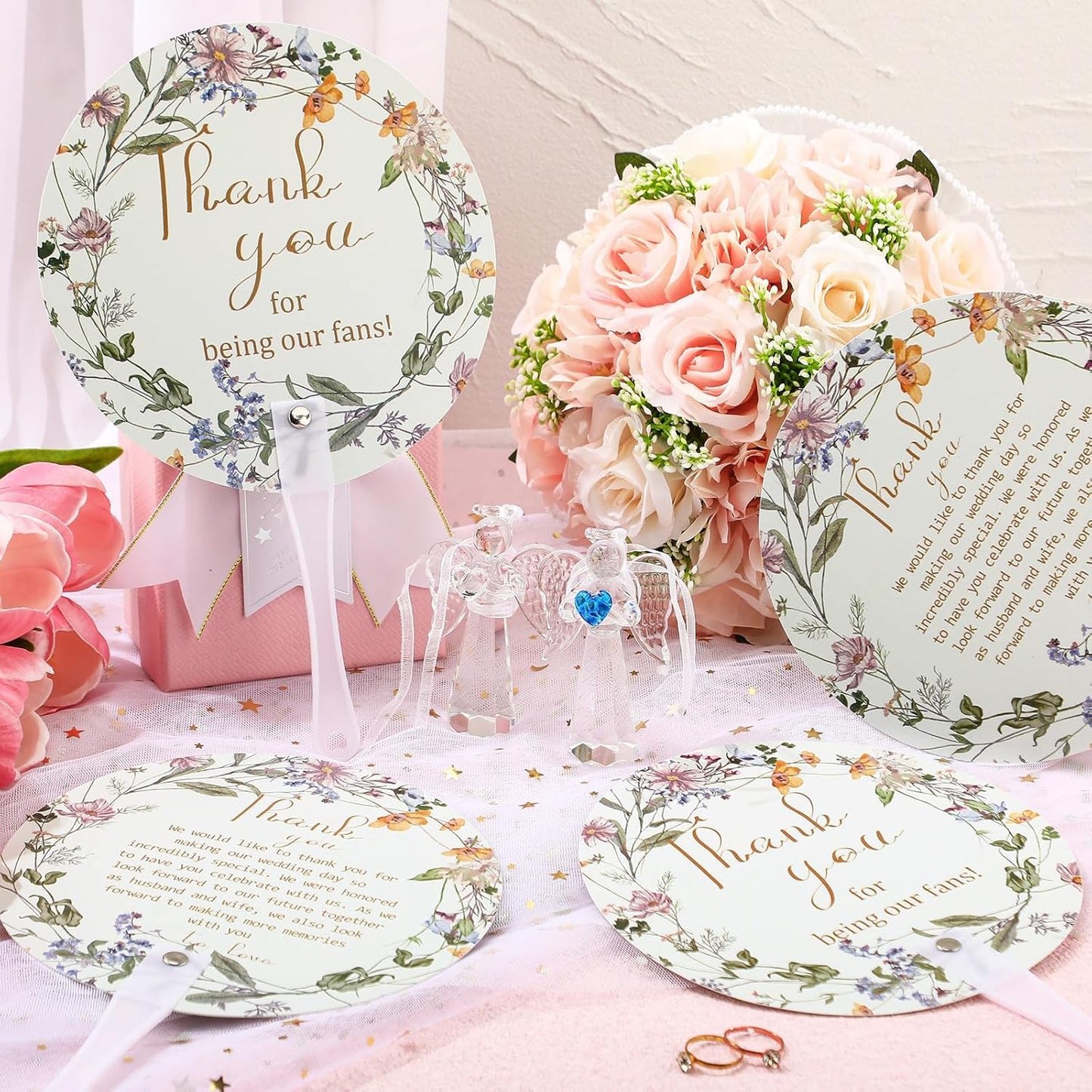 Roowest 100 Pcs Wedding Fans for Guests Bulk Plastic Floral Handheld Wedding Fans with Handle Thank You for Being Our Fan for Ceremony Bridal Baby Shower Party Favors Decoration(Fresh Style)