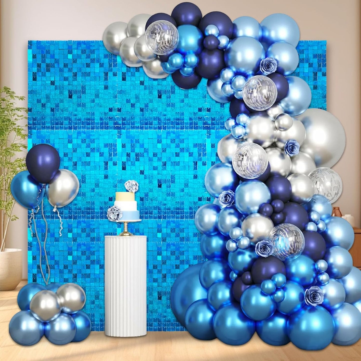 12PCS Lake Blue Shimmer Wall Backdrop, Laser Square Sequin Photo Backdrops Panel, Glitter Wall Background for Birthdays, Weddings, Christmas, Engagements, Disco Bachelorette Party Decoration (3FTx4FT)