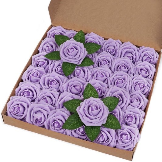 BLEUM CADE 36Pcs Artificial Flowers Fake Roses with Stems, Purple Boxed Foam Roses for DIY Bouquets Centerpieces Wedding Party Arrangement Bridal Shower Decor