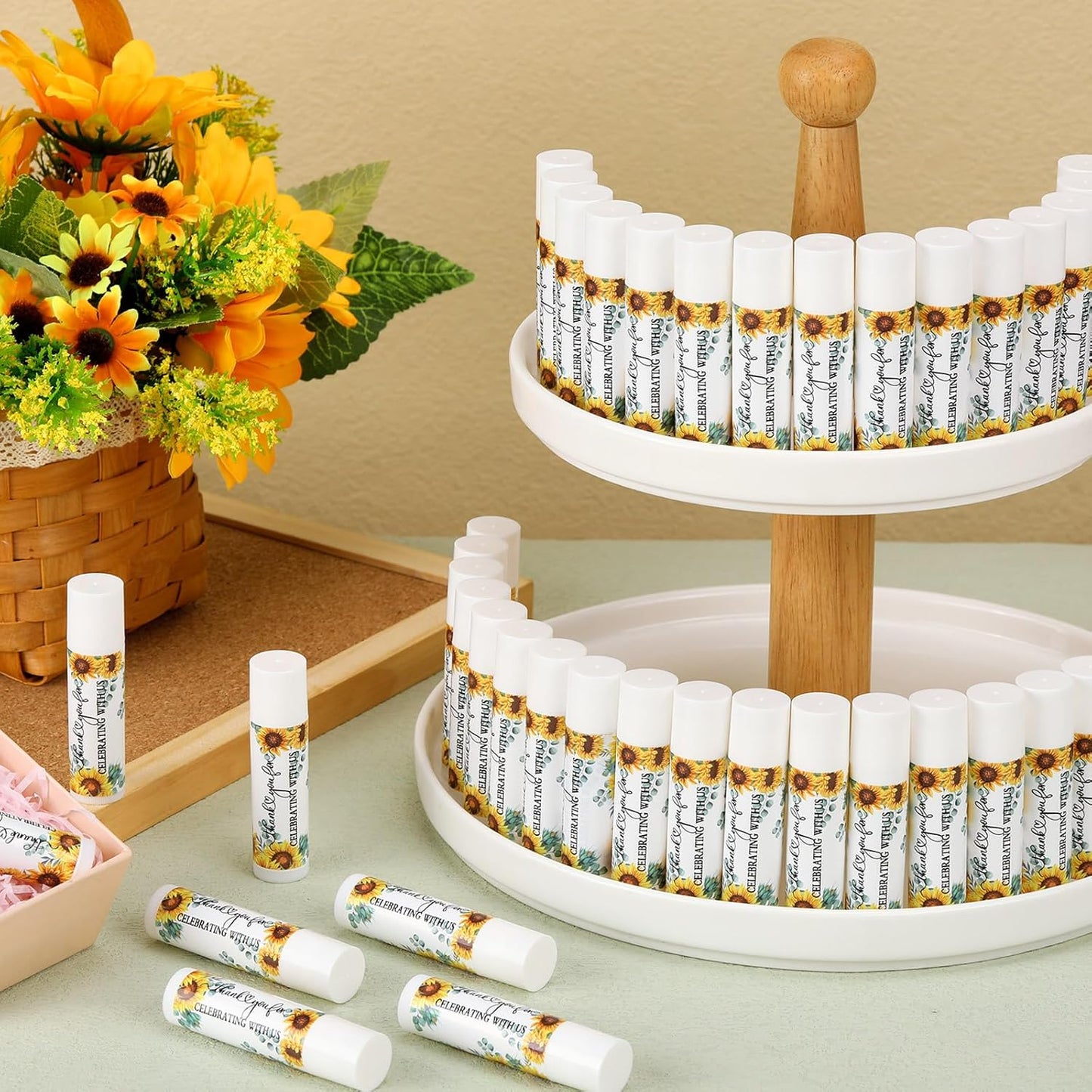 50 Pcs Sunflower Wedding Bridal Shower Gifts Bulk Floral Lip Balm Baby Shower Party Favors Thank You Appreciation Gifts for Women Tea Bachelorette Party