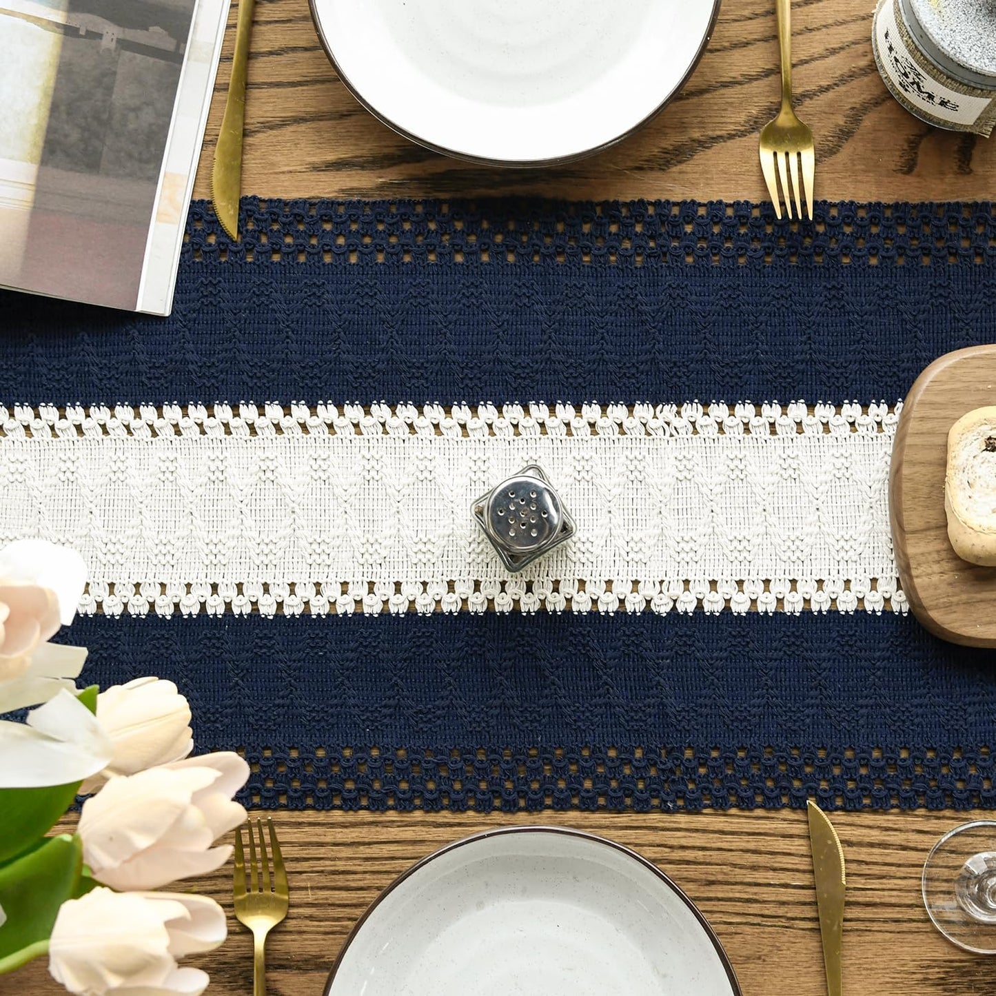 Artoid Mode Dark Blue Farmhouse Rustic Table Runner, Seasonal Hollow Kitchen Dining Table Decoration for Home Party Decor 12x48 Inch