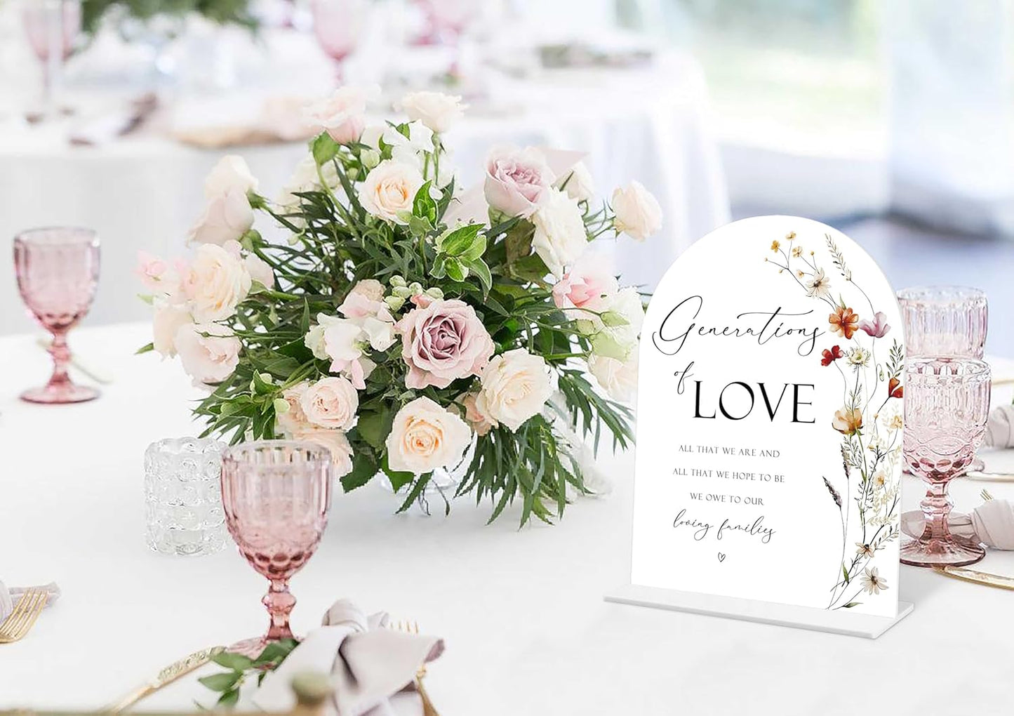 Boho Floral Generations Of Love Sign, 6 x 8 Inch White Arch Acrylic Wedding Sign with Holder, Wedding Sign for Ceremony and Reception, Wedding Decoration, Wedding Supplies - BX16