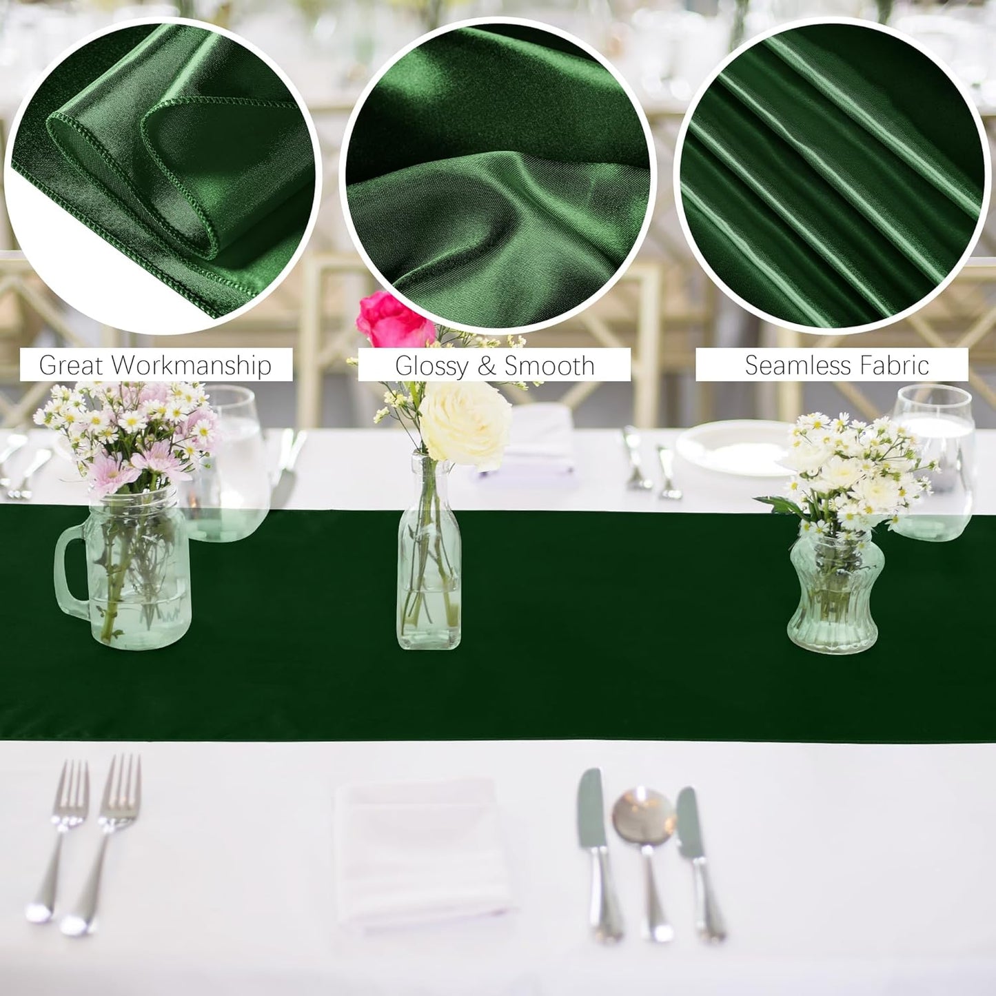 Aneco 12 Pack Satin Table Runner 12 x 108 Inch Forest Green Long Wedding Satin Silk Table Runner for Wedding Banquet Graduations Birthday Party Decoration