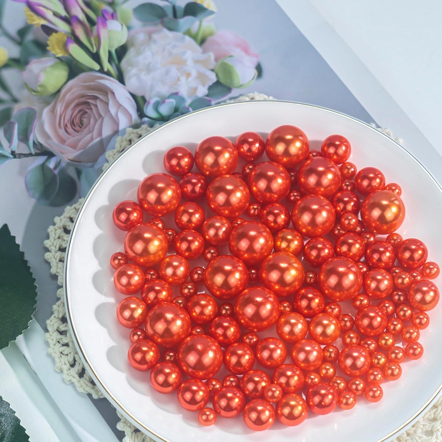 120 PCS 8/14/20mm No Hole Polish Pearl Beads for Centerpiece, Orange Beads Decorative Vase Fillers, Plastics Pearls for Vases, Table Scatters, Wedding Party Decor