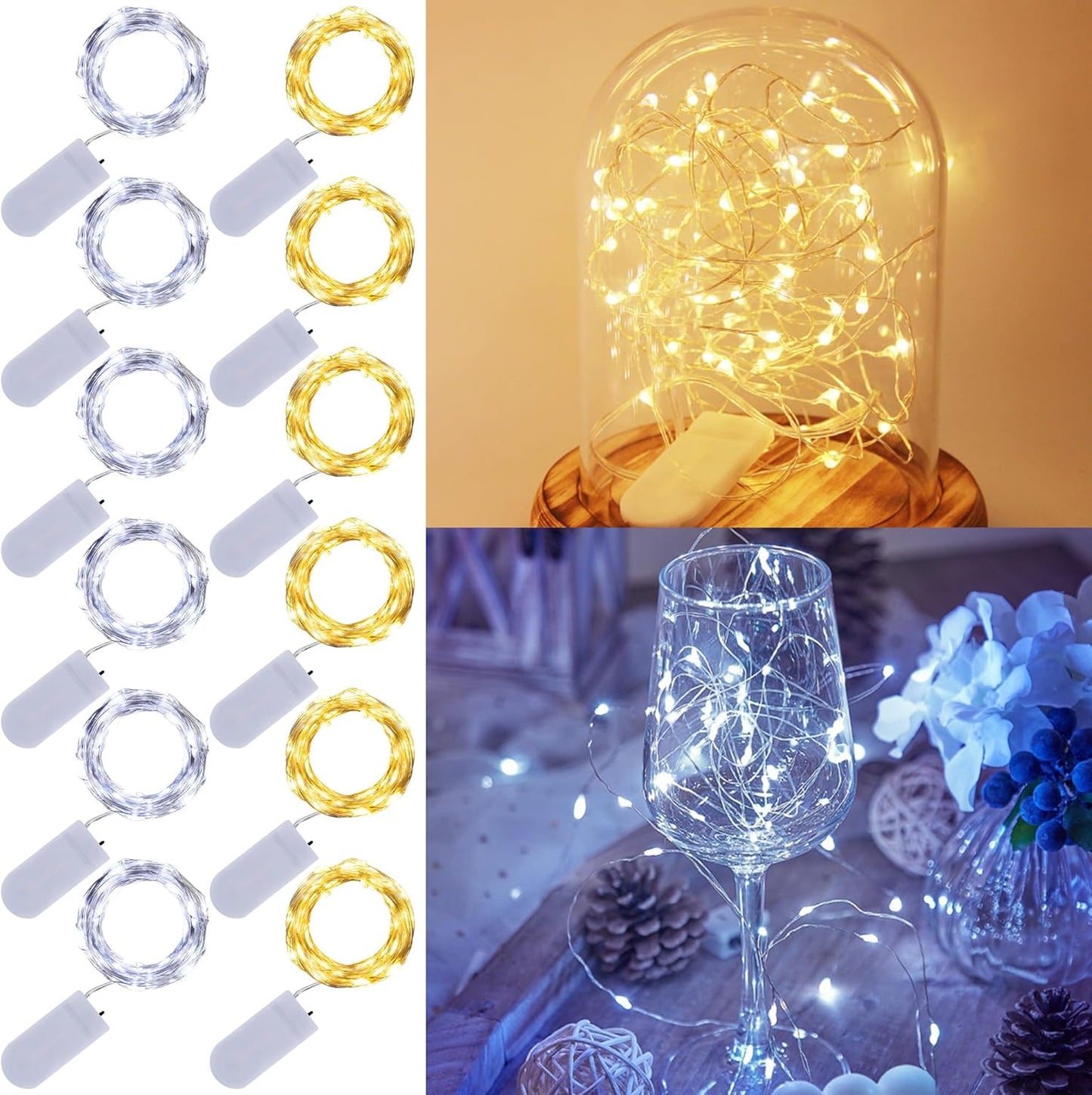 WATERGLIDE 12 Pack Fairy Lights Battery Operated (Included), 7 ft 20 LED Mini String Lights, Waterproof Silver Wire Firefly Starry Light for DIY Wedding Christmas Party Decor, 6 Warm White & 6 White