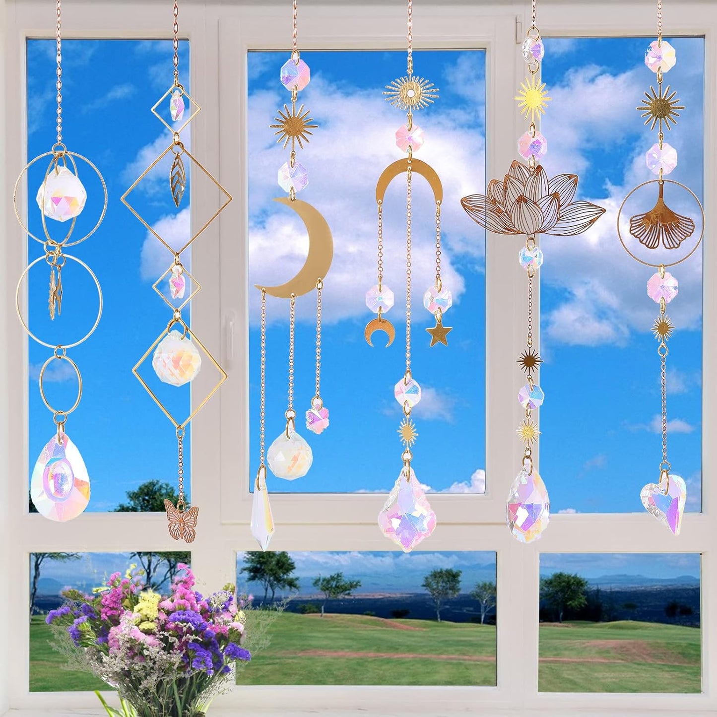 6Pieces Colorful Crystals Suncatcher Hanging for Window Crystal Ball Prism Rainbow Maker Pendants for Garden Christmas Tree Wedding Party Patio Backyard Car Home Indoor Outdoor Decoration