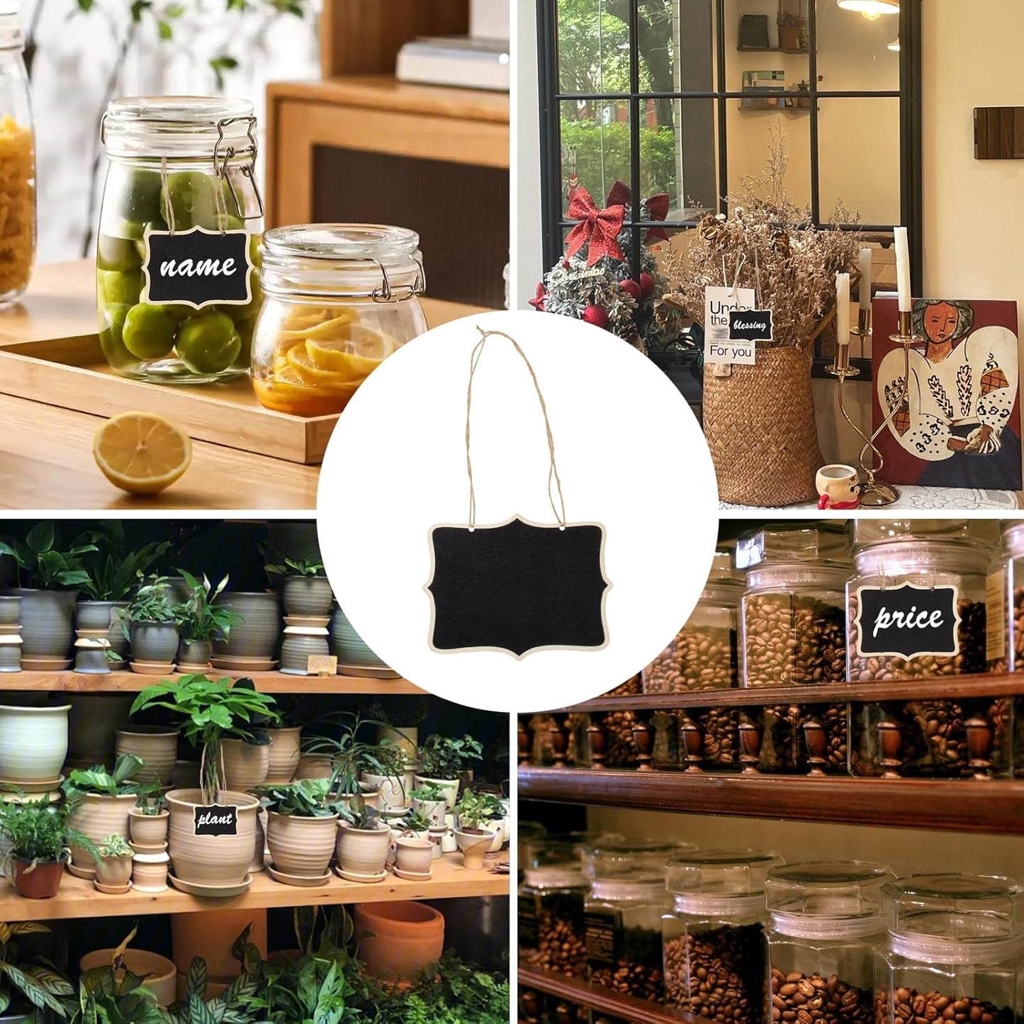 12 Pcs Mini Rectangle Chalkboard Label for Message Board Signs, Mini Wooden Chalkboards Signs, Small Hanging Blackboard Labels for Wedding Party Crafts Name Tags, 3.1x2.4 Inch