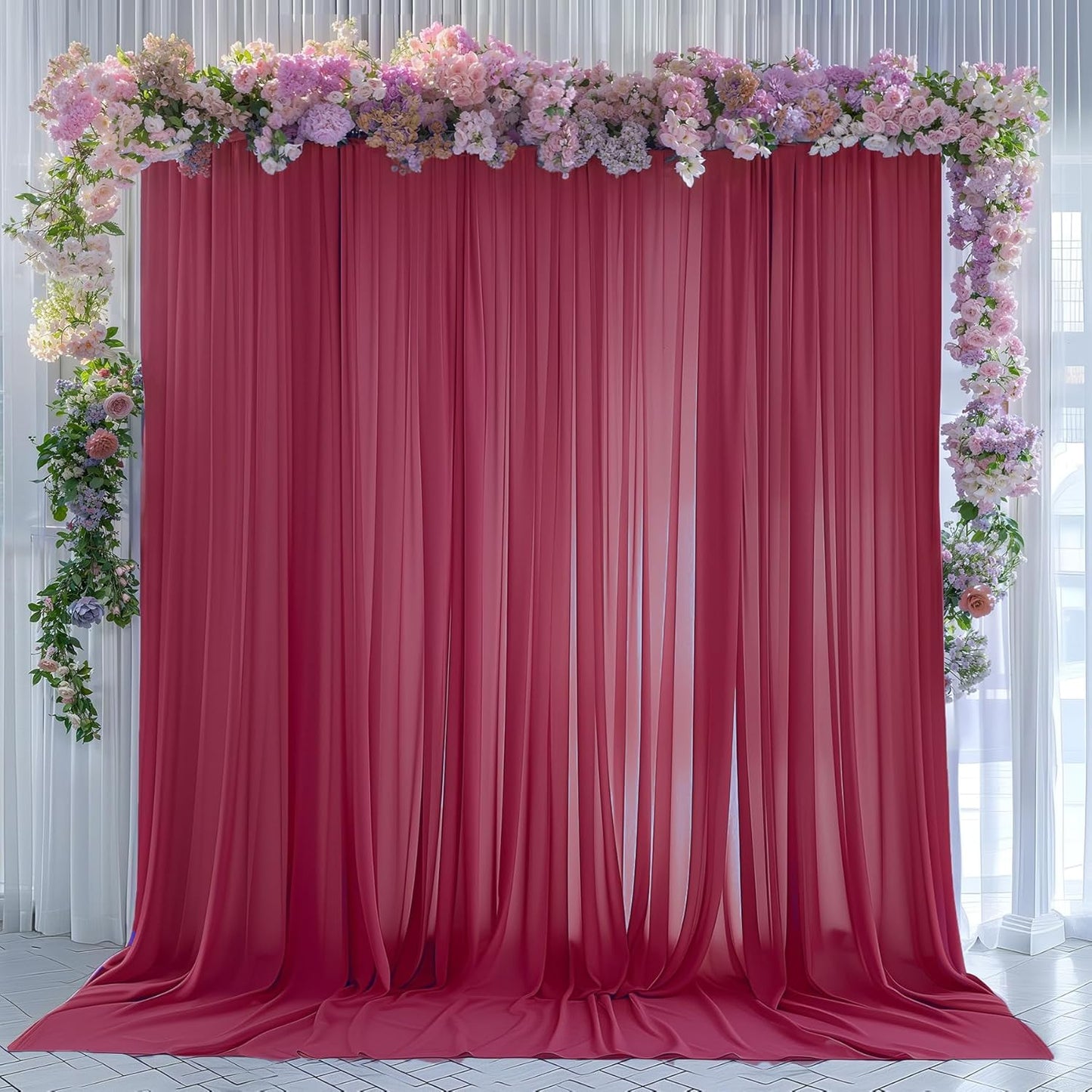 10ft x 10ft Burgundy Backdrop Curtains, Wrinkle-Free Sheer Chiffon Fabric Photo Backdrop Drapes for Wedding Arch Party Ceremony Stage Photography Decorations