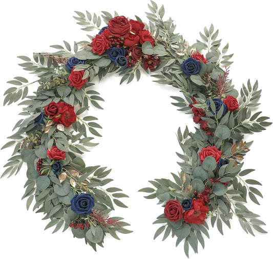 Floroom 6ft Artificial Eucalyptus Garland with Flowers Fake Greenery Faux Floral Vine Garland for Table Decor Wedding Centerpieces Bridal Shower Party Decorations, Dark Red Burgundy Navy
