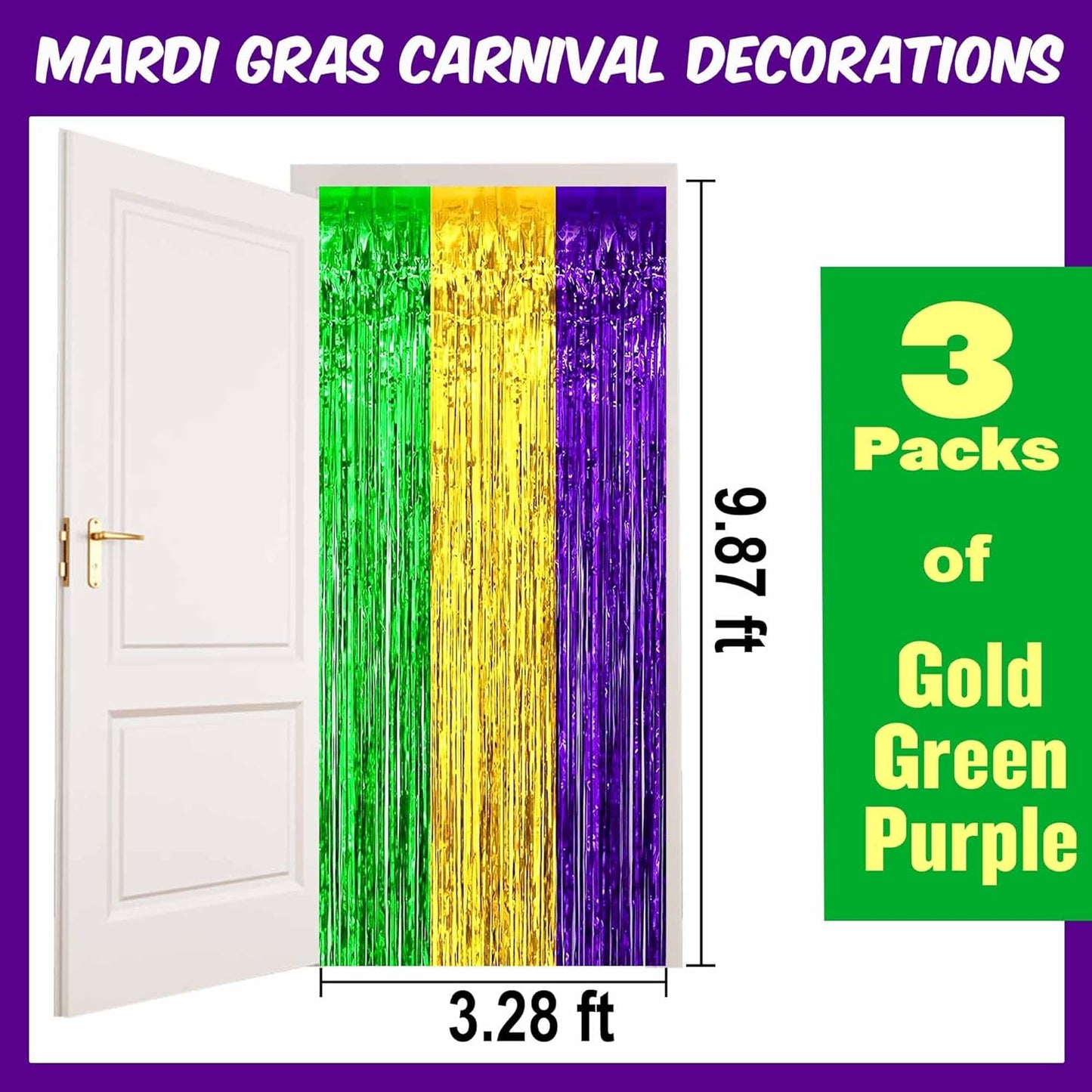 3 Pack Gold Green Purple Foil Fringe Curtains Backdrop, 3.28 x 9.8 Ft Metallic Streamers Tinsel Curtains Background for Photo Booth, Birthday, Halloween, Christmas, New Year Party Decorations