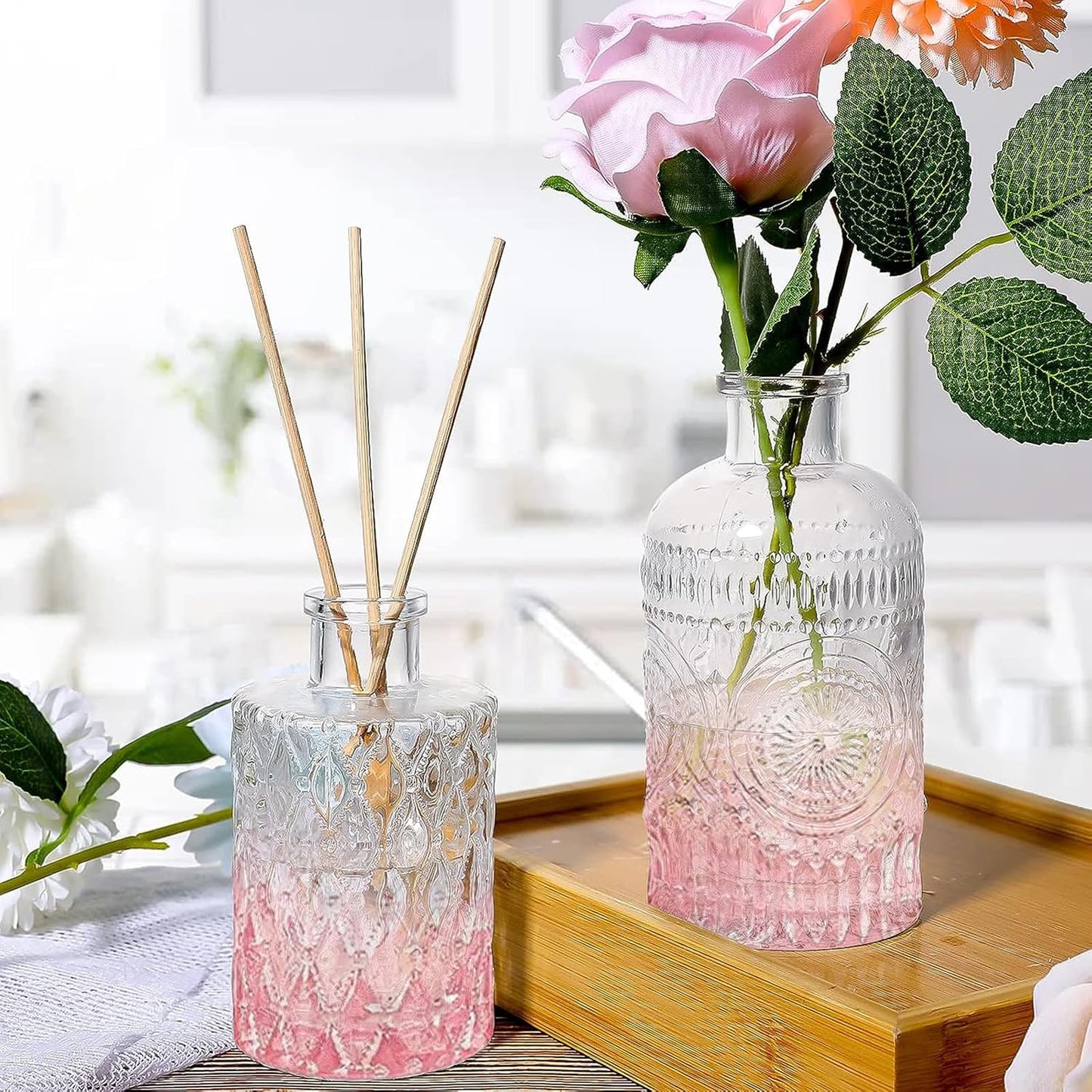 Pink Glass Bud Vases Set of 20 - Mini Vintage Vases for Wedding Decorations Home Table Flower Decor, Small Carved Design Glass for Centerpieces