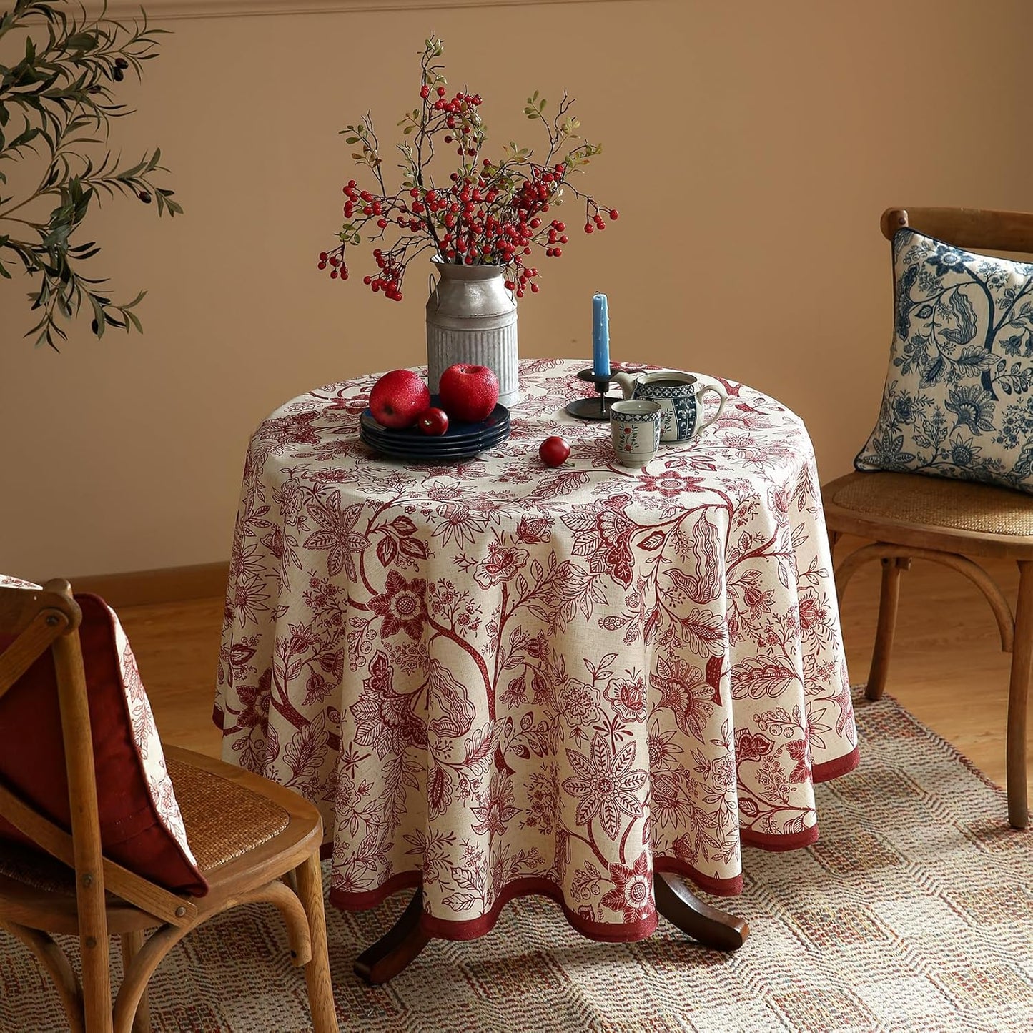 ISAENNE Designer French Linen Small Round Tablecloth,Red Floral Washable Indoor Table Cloth,Durable Home Decor Tablecloths for Dining Thanksgiving Kitchen Party Christmas,Diameter 55"-Ruyi A