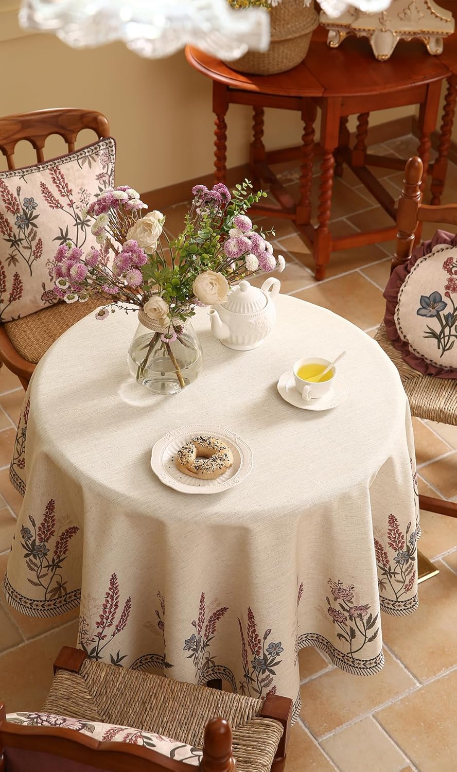 ISAENNE French Tablecloth for Round Tables,Linen Table Cloth with Colorful Flowers Pattern,Heavy Durable Table Cover for Dining Thanksgiving Kitchen Decor Party Christmas,Diameter 55"