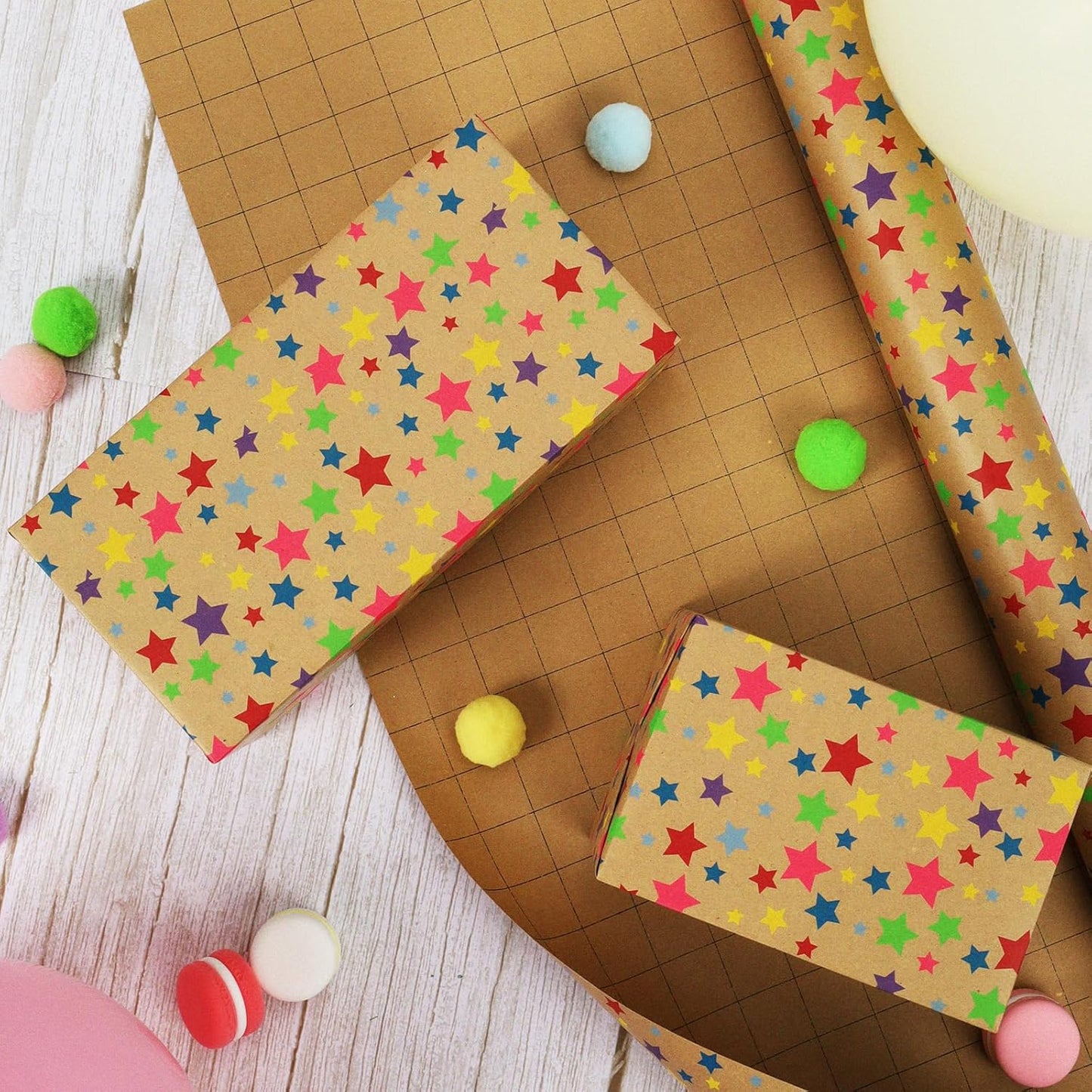 LaRibbons Birthday Wrapping Paper Roll for Kids, 30 Inch x 33 Feet (83 sq. ft. ttl.) Kraft Gift Wrap Paper with Colorful Star Pattern for Baby Shower Holiday Party